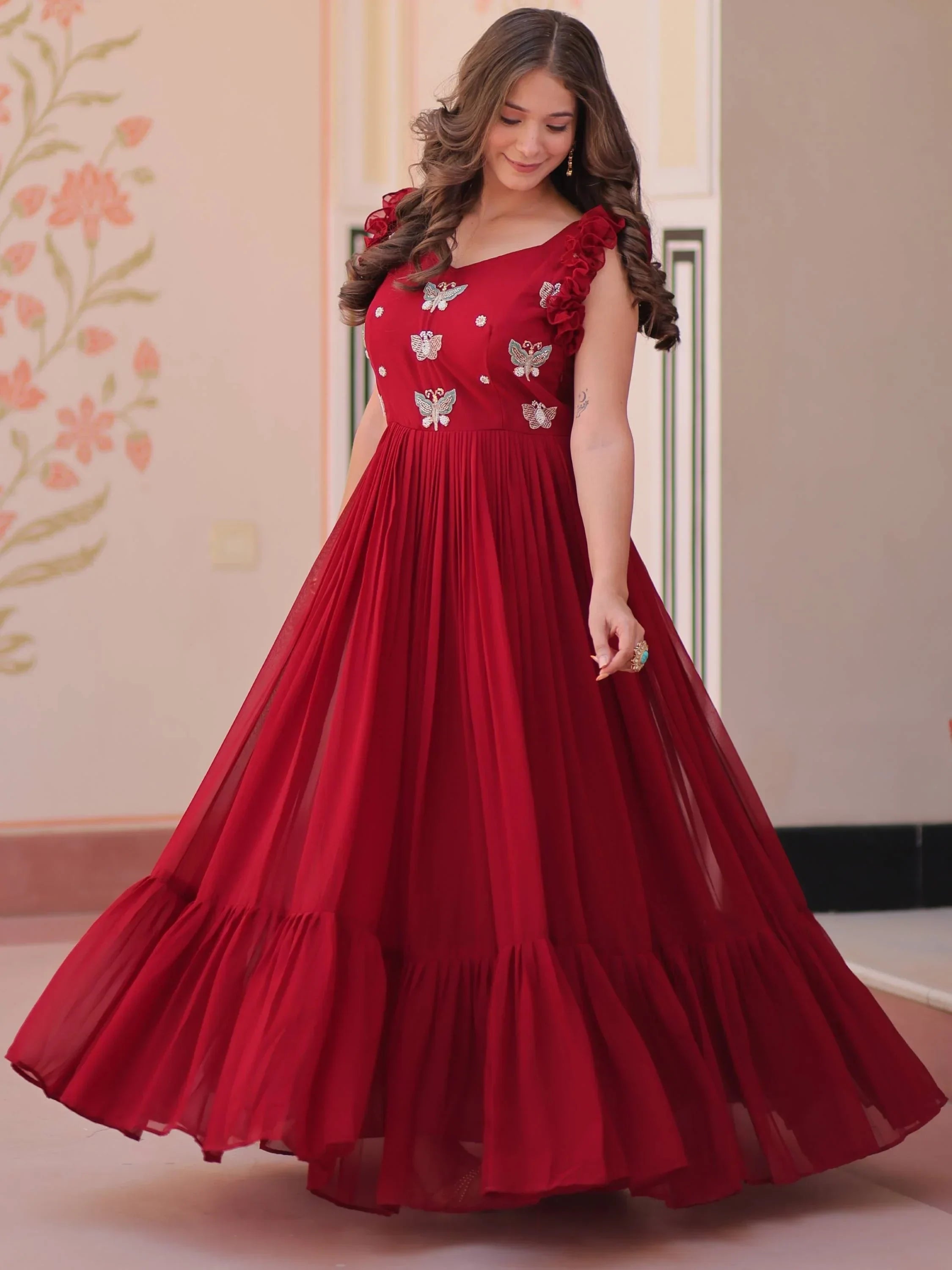 Red Astounding Multi Thread Embroidery Georgette Festive Wear Gown