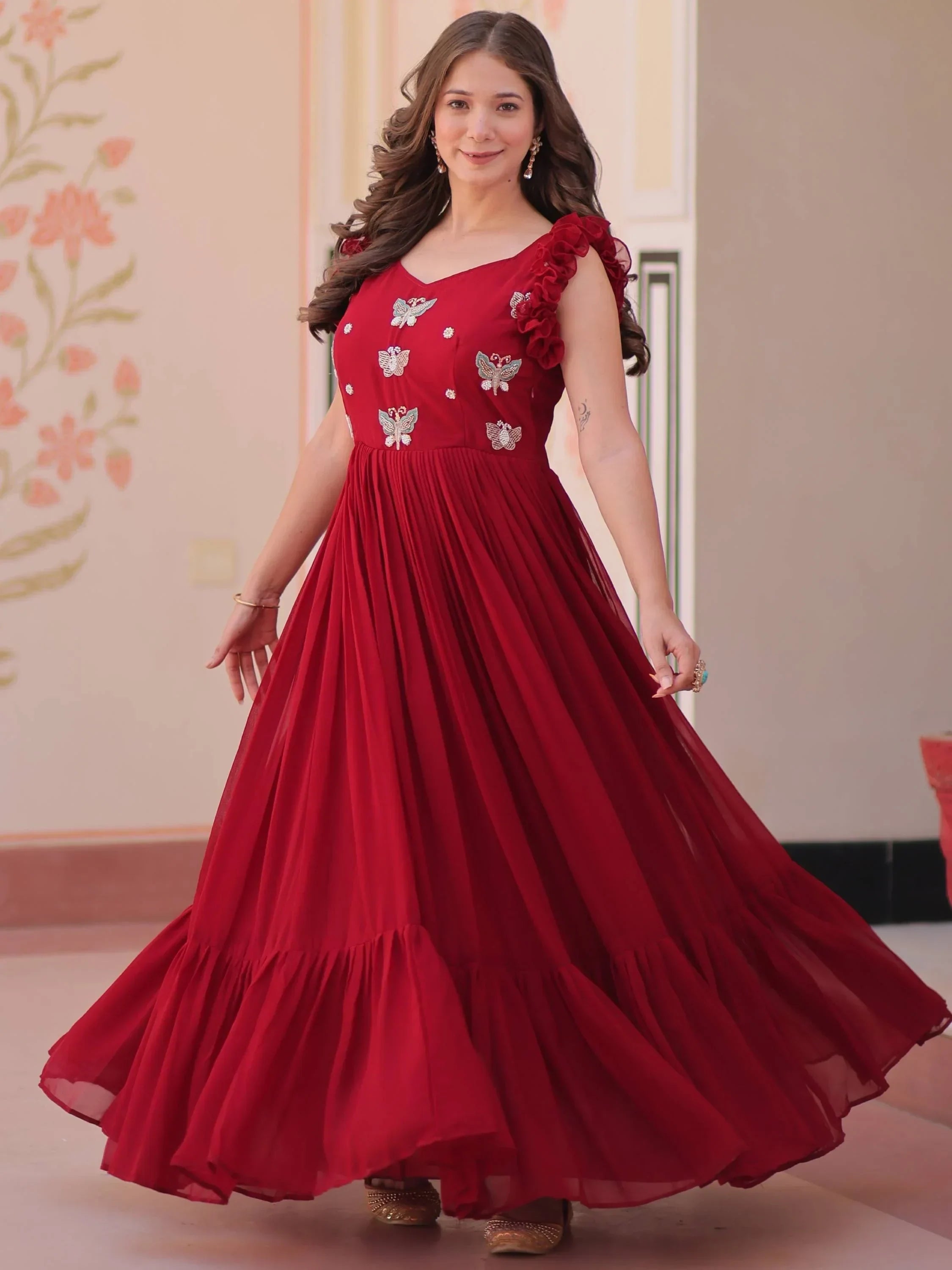 Red Astounding Multi Thread Embroidery Georgette Festive Wear Gown