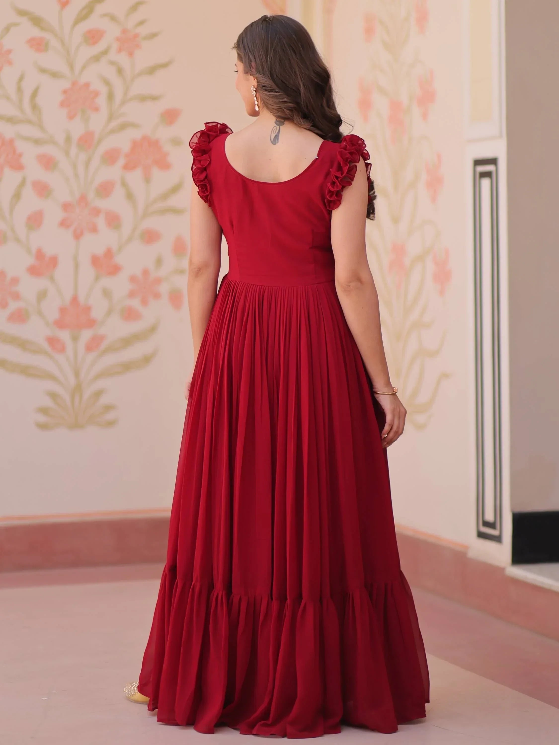 Red Astounding Multi Thread Embroidery Georgette Festive Wear Gown