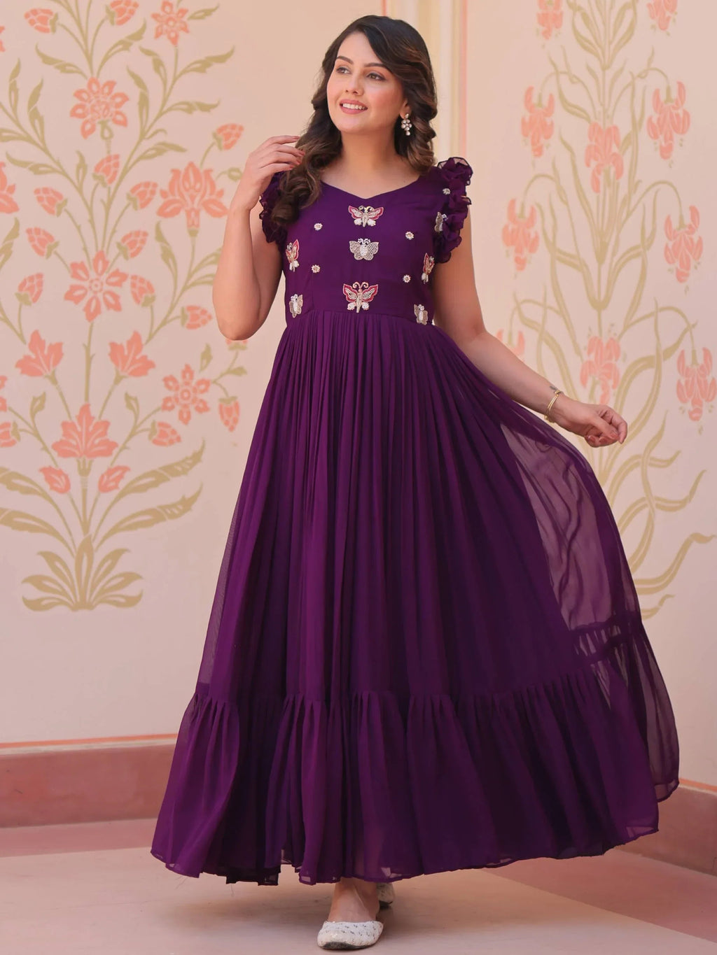 Purple Astounding Multi Thread Embroidery Georgette Festive Wear Gown