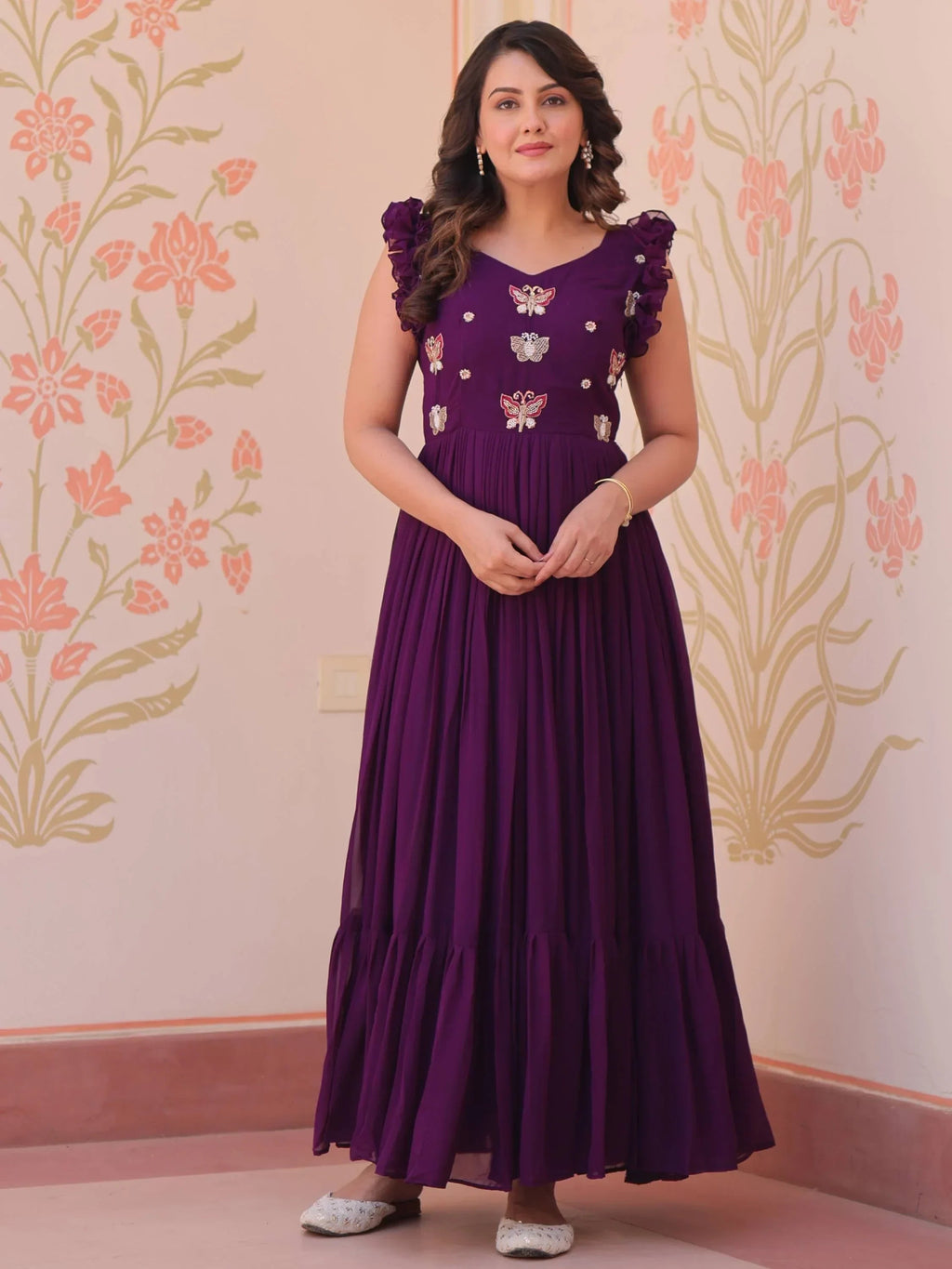 Purple Astounding Multi Thread Embroidery Georgette Festive Wear Gown