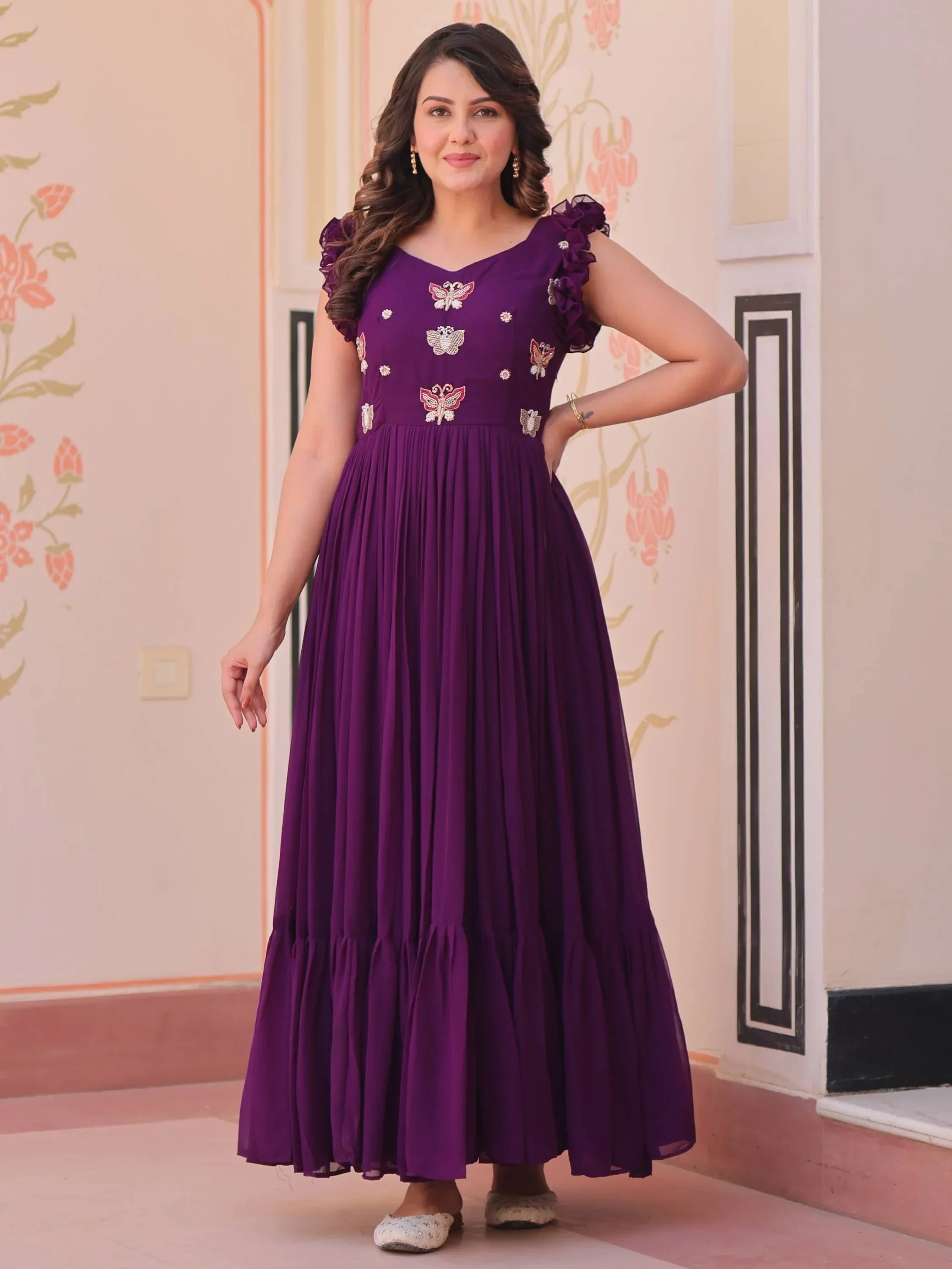Purple Astounding Multi Thread Embroidery Georgette Festive Wear Gown