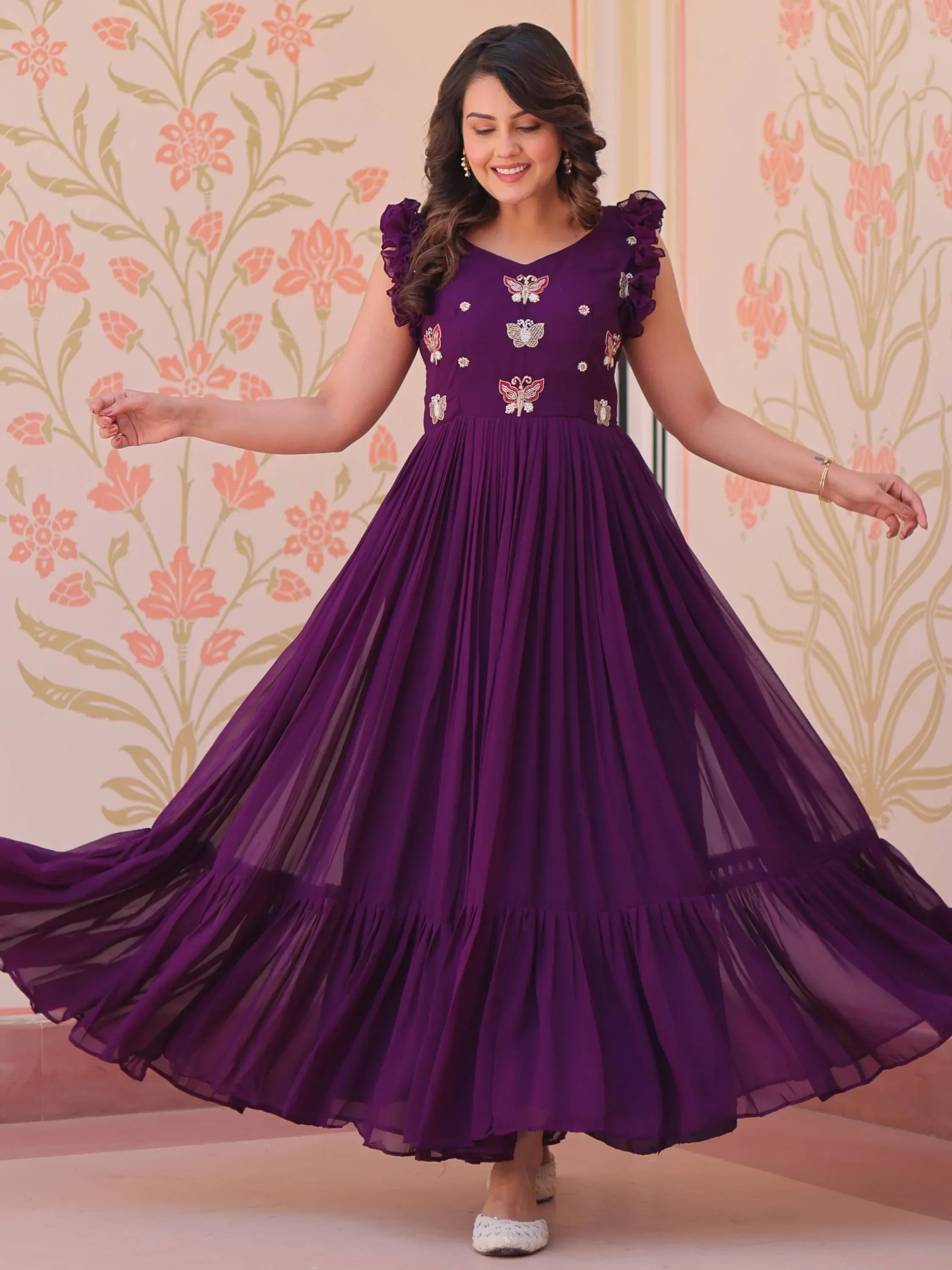 Purple Astounding Multi Thread Embroidery Georgette Festive Wear Gown