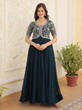 Adorable Teal Blue Embroidered Georgette Reception Wear Gown