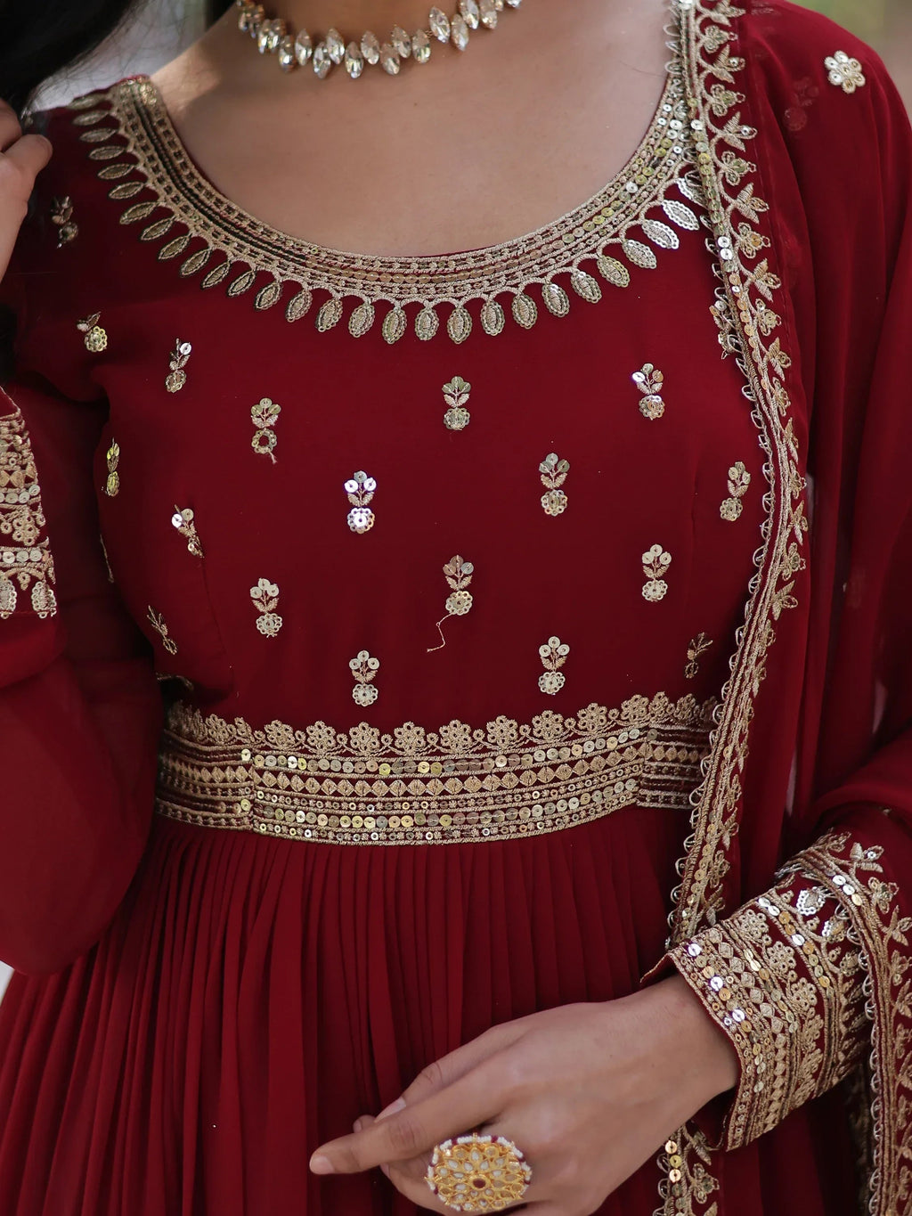 Maroon Wonderful Zari Embroidered Georgette Wedding Wear Gown