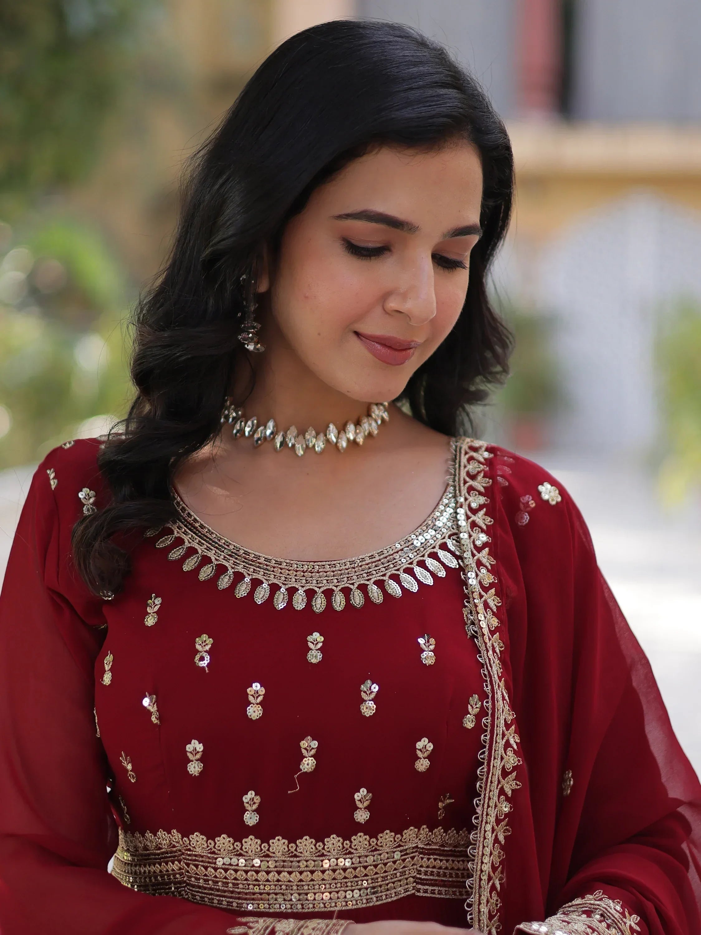 Maroon Wonderful Zari Embroidered Georgette Wedding Wear Gown