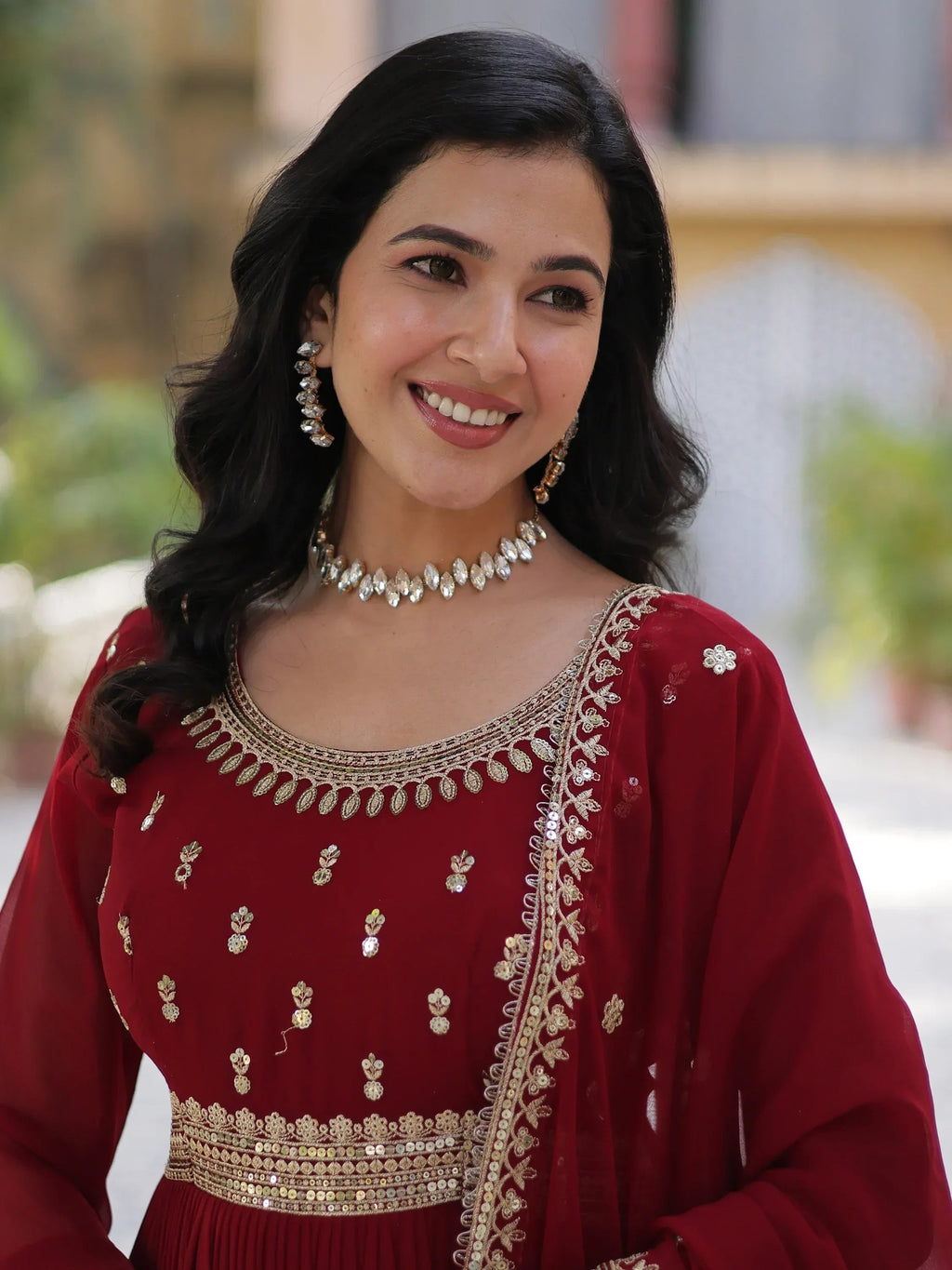 Maroon Wonderful Zari Embroidered Georgette Wedding Wear Gown