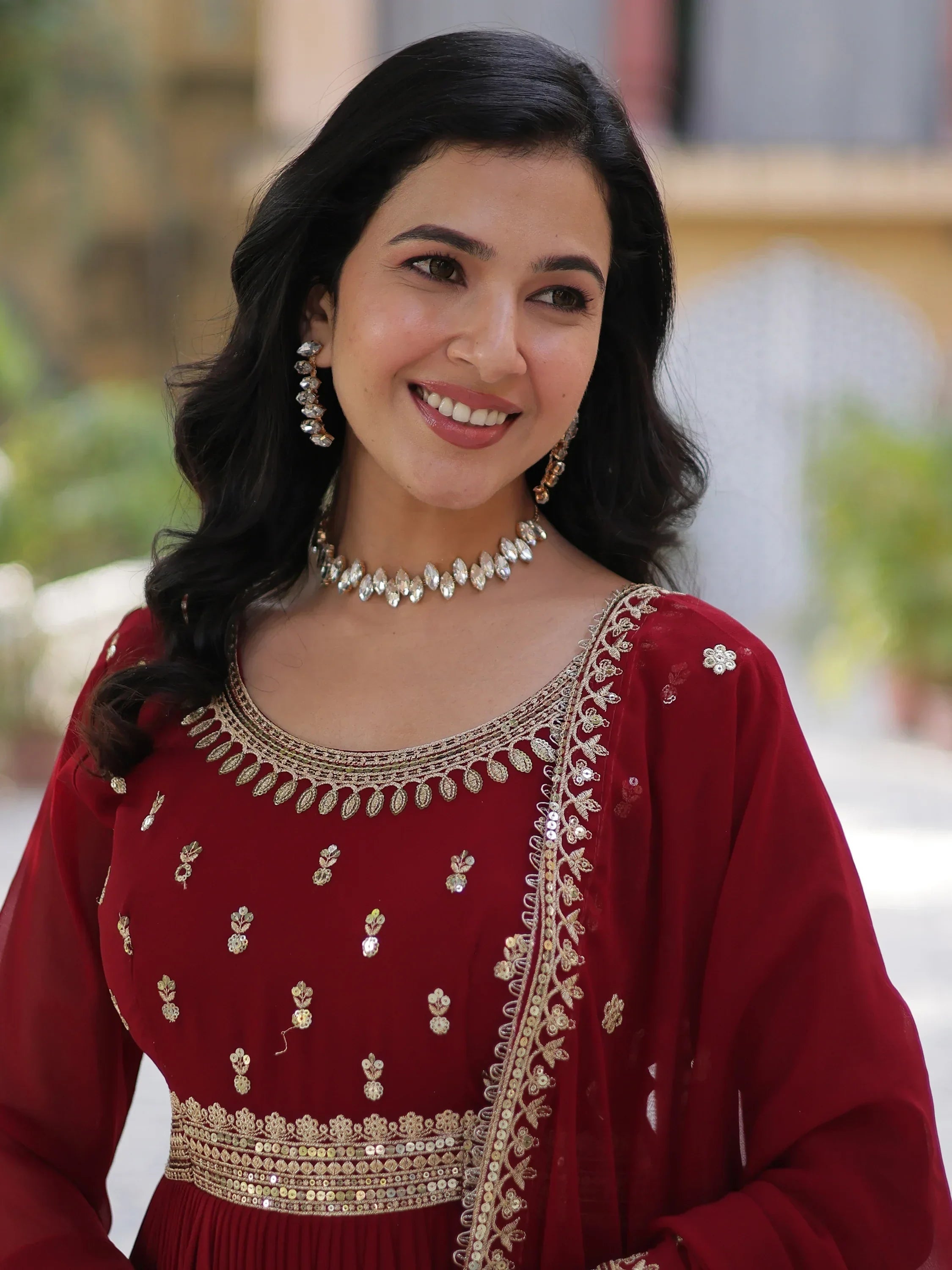 Maroon Wonderful Zari Embroidered Georgette Wedding Wear Gown