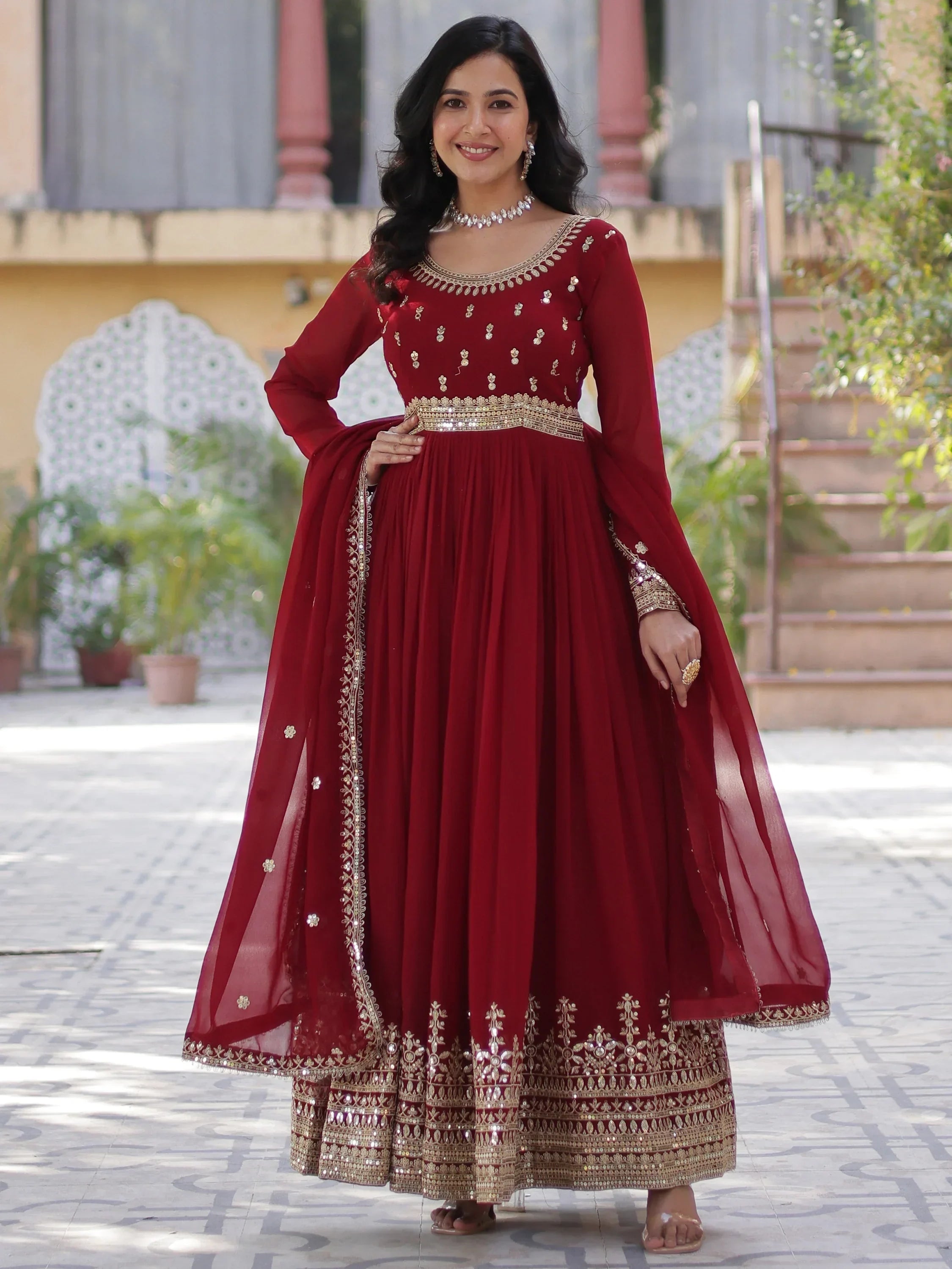 Maroon Wonderful Zari Embroidered Georgette Wedding Wear Gown