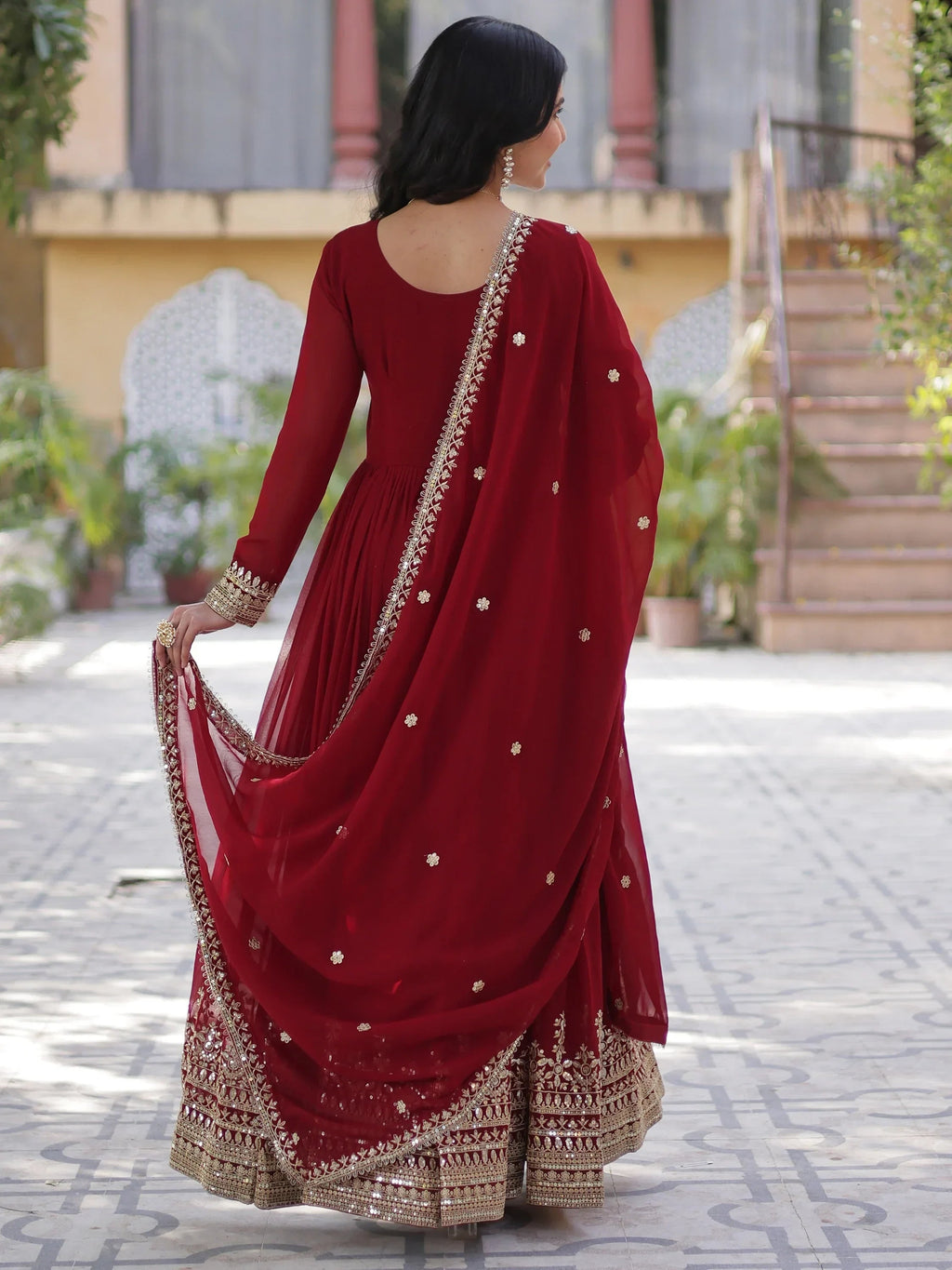 Maroon Wonderful Zari Embroidered Georgette Wedding Wear Gown