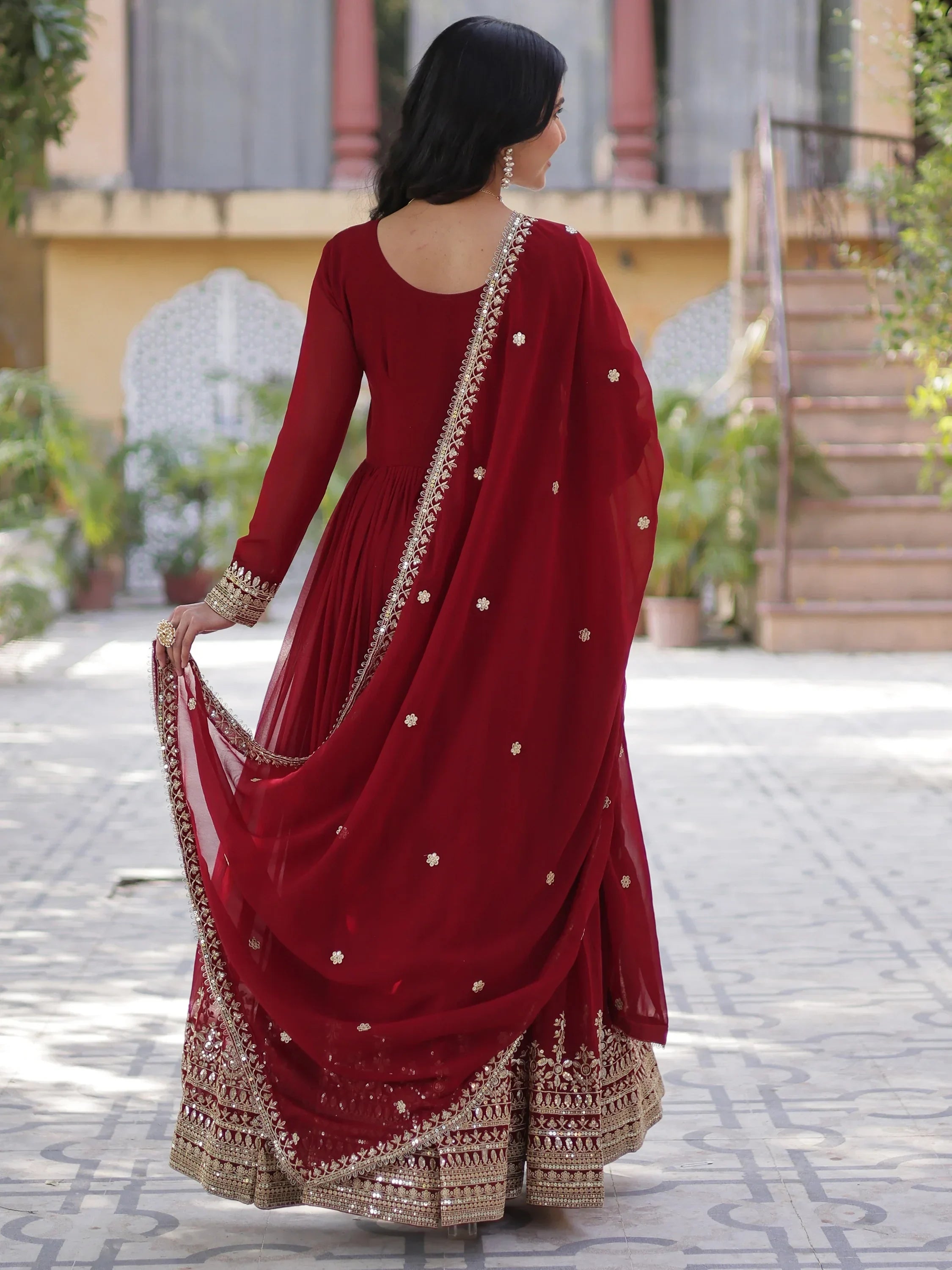 Maroon Wonderful Zari Embroidered Georgette Wedding Wear Gown