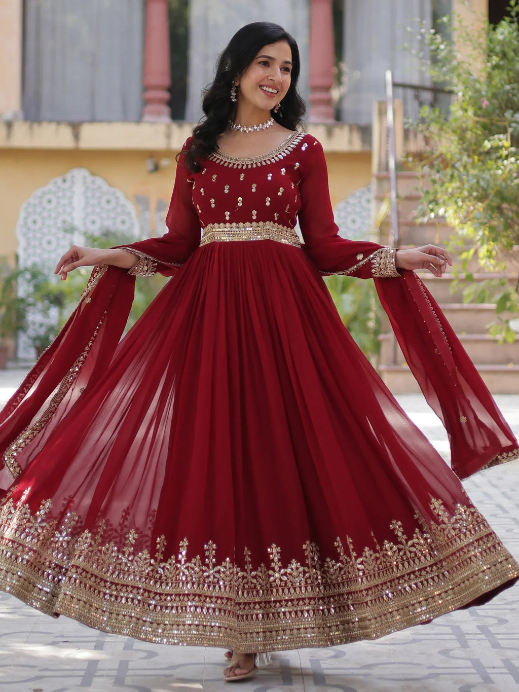 Maroon Wonderful Zari Embroidered Georgette Wedding Wear Gown