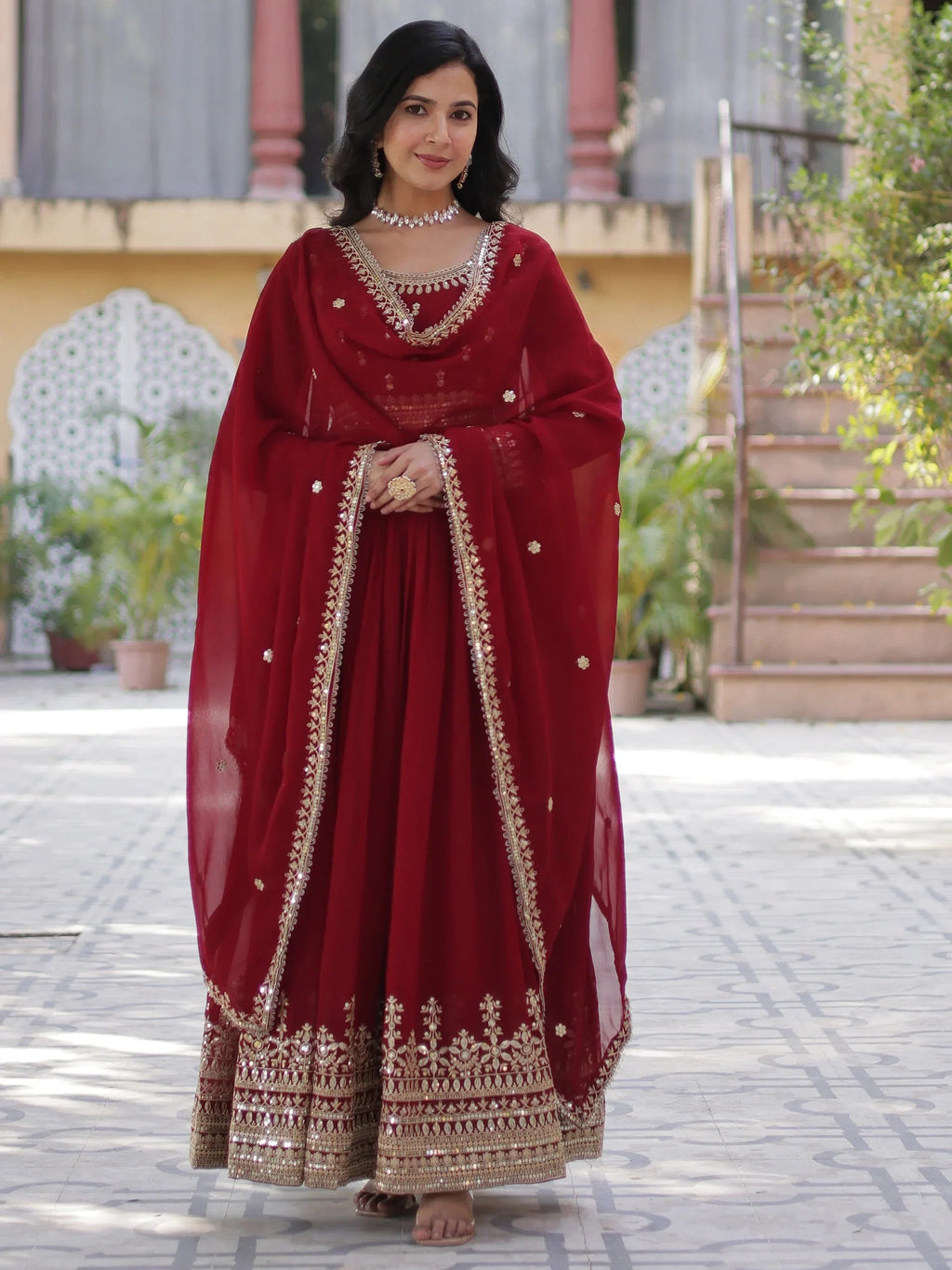 Maroon Wonderful Zari Embroidered Georgette Wedding Wear Gown