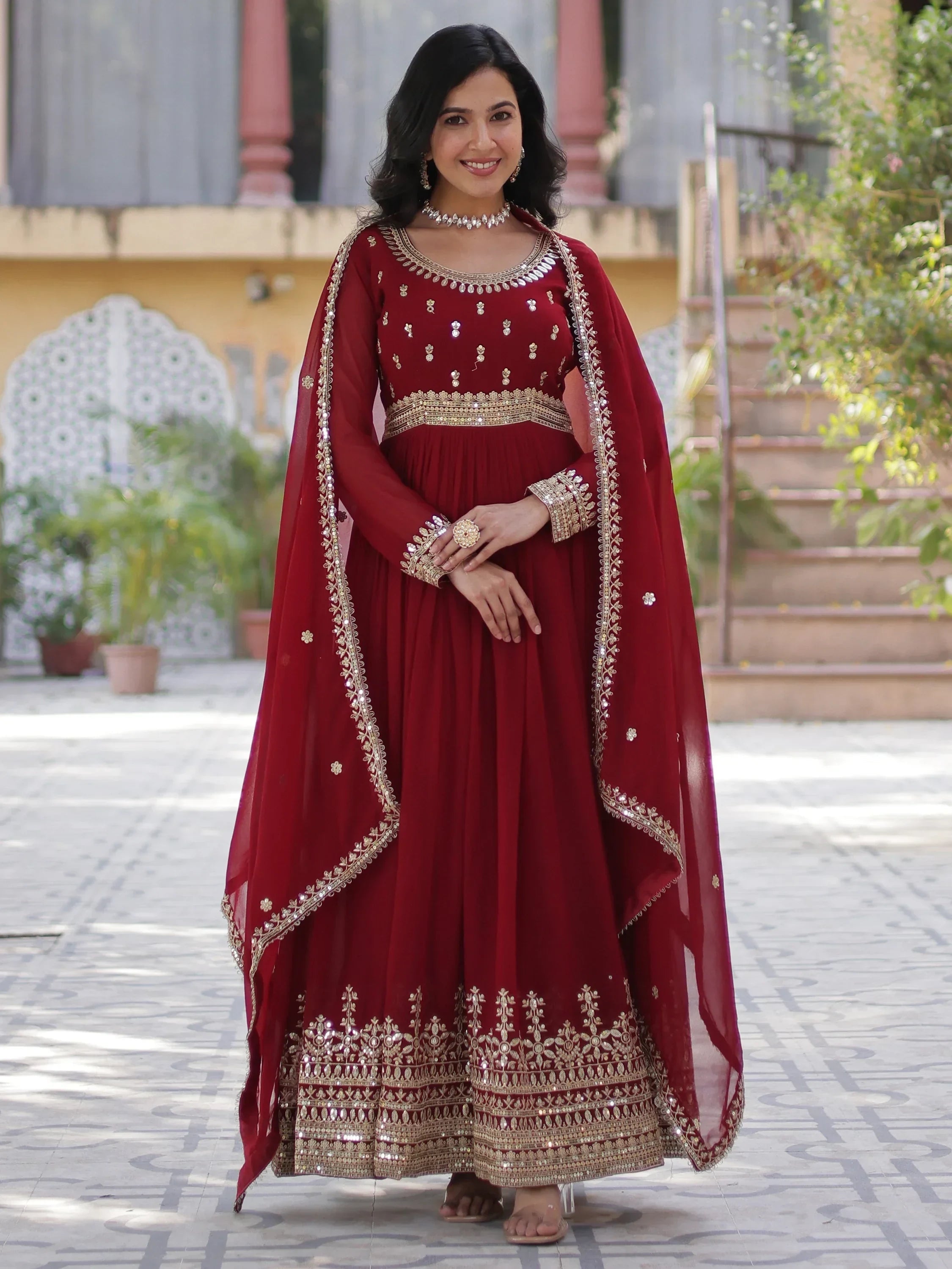 Maroon Wonderful Zari Embroidered Georgette Wedding Wear Gown