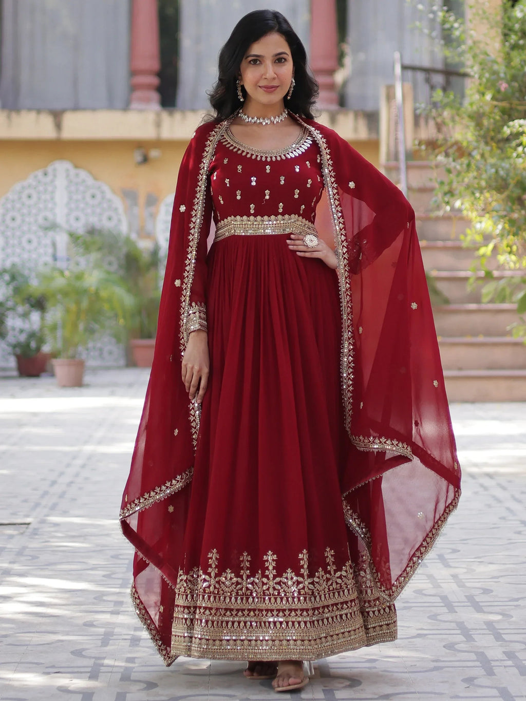 Maroon Wonderful Zari Embroidered Georgette Wedding Wear Gown