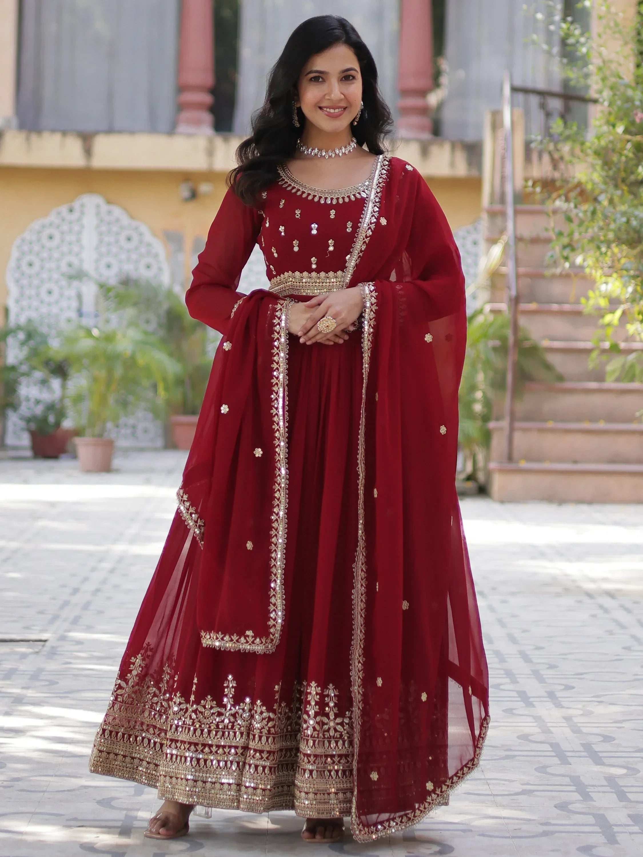 Maroon Wonderful Zari Embroidered Georgette Wedding Wear Gown