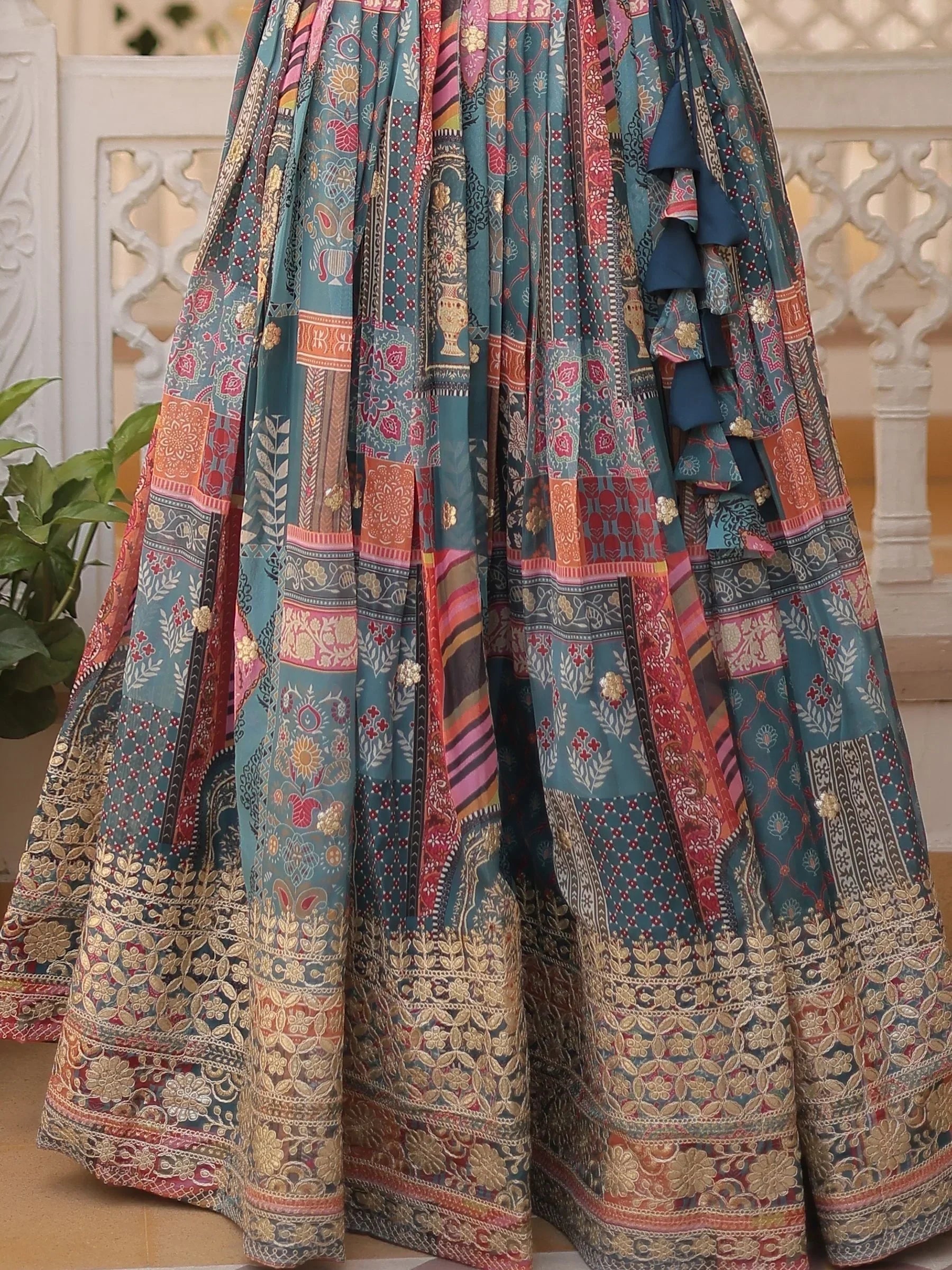 Blue Majestic Dusty Digital Printed Silk Designer Crop Top Lehenga