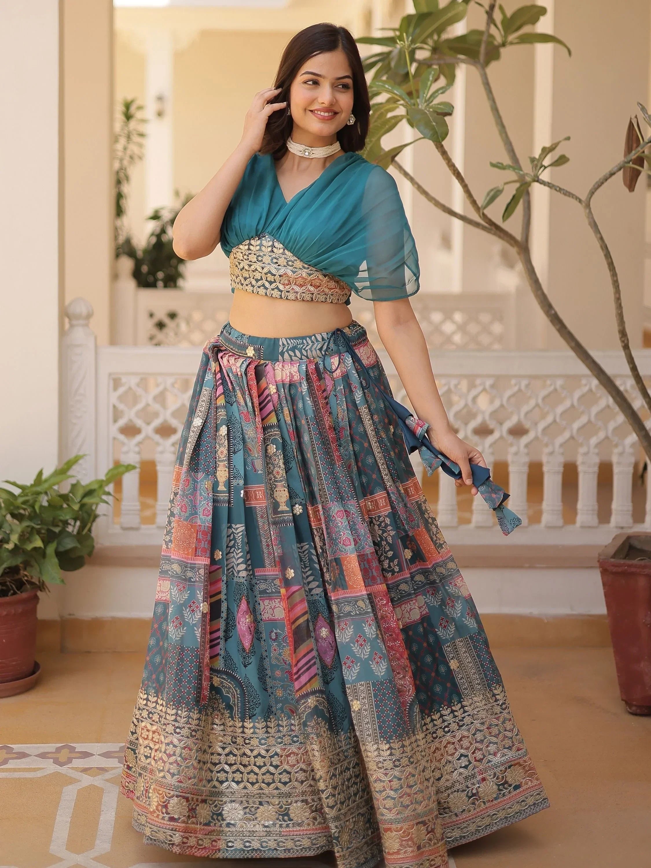 Blue Majestic Dusty Digital Printed Silk Designer Crop Top Lehenga