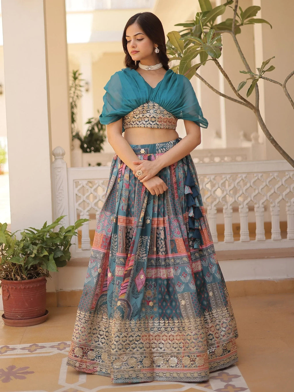 Blue Majestic Dusty Digital Printed Silk Designer Crop Top Lehenga
