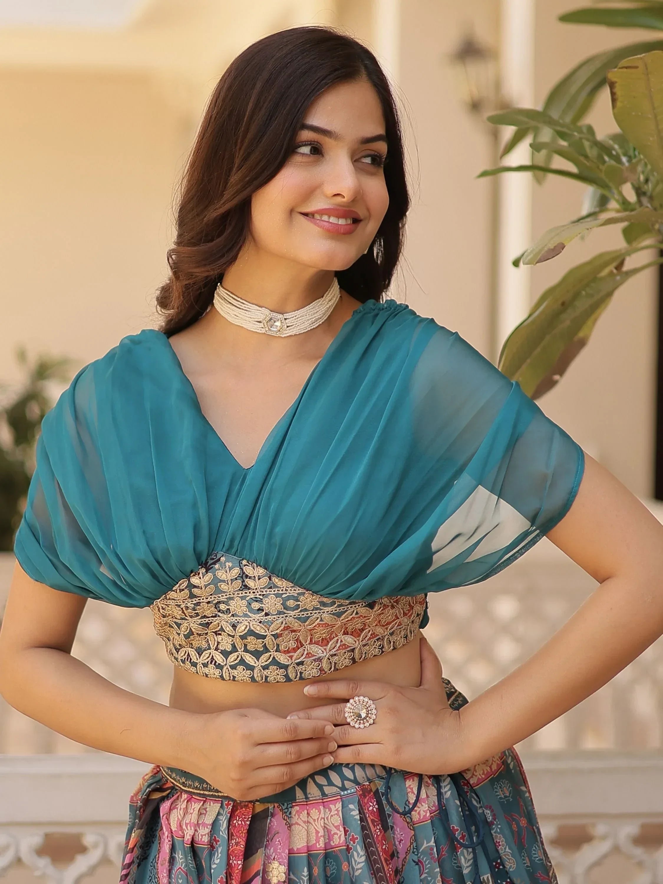 Blue Majestic Dusty Digital Printed Silk Designer Crop Top Lehenga