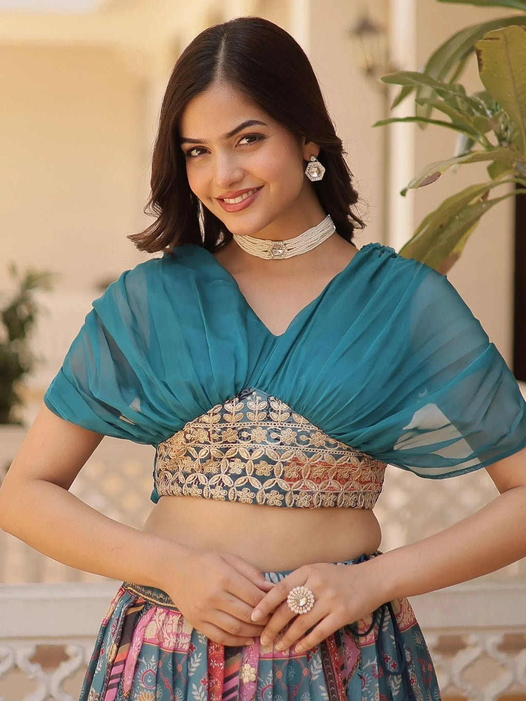 Blue Majestic Dusty Digital Printed Silk Designer Crop Top Lehenga