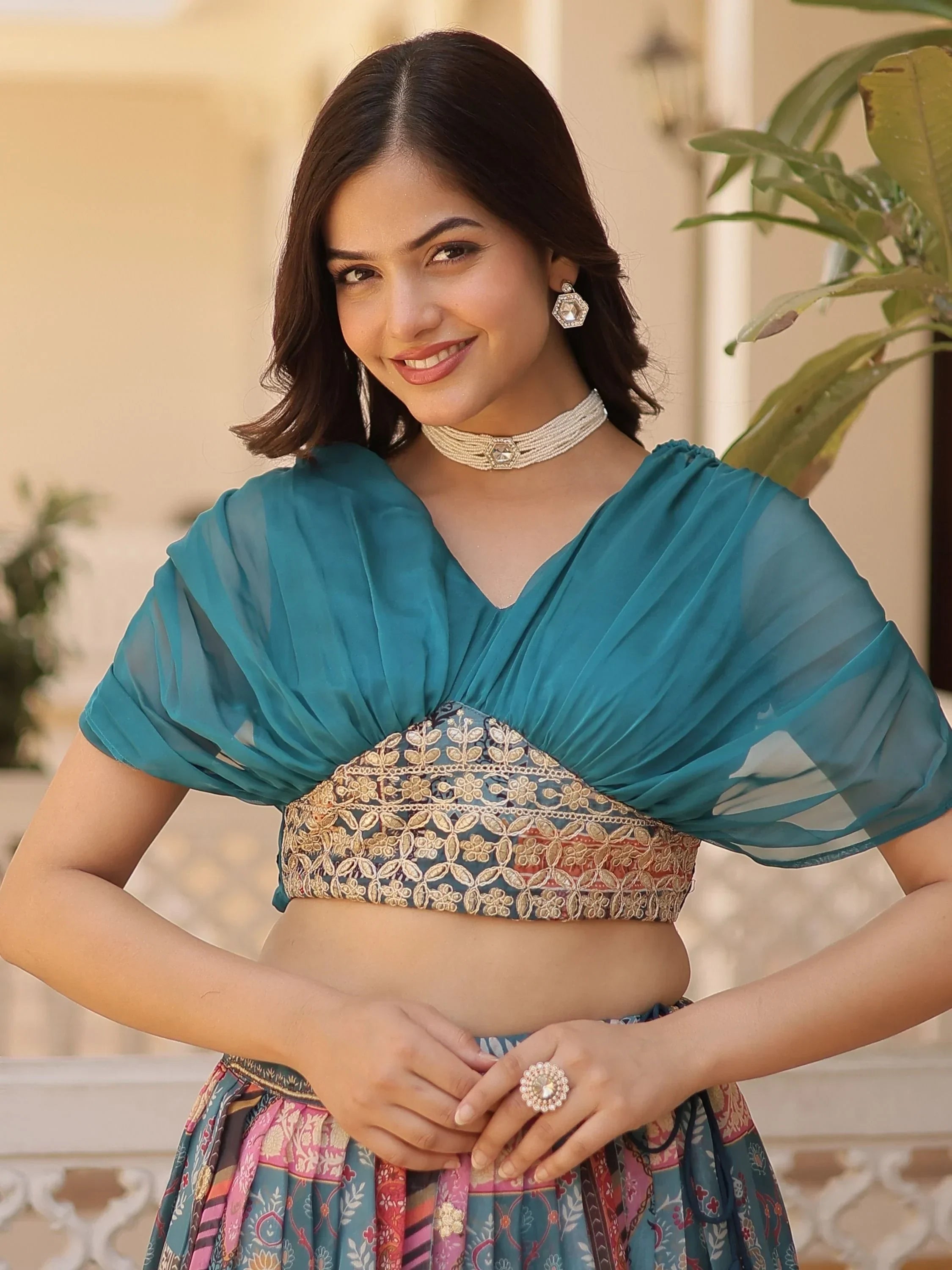 Blue Majestic Dusty Digital Printed Silk Designer Crop Top Lehenga