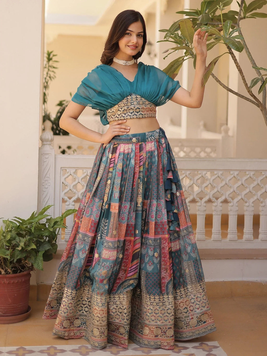 Blue Majestic Dusty Digital Printed Silk Designer Crop Top Lehenga