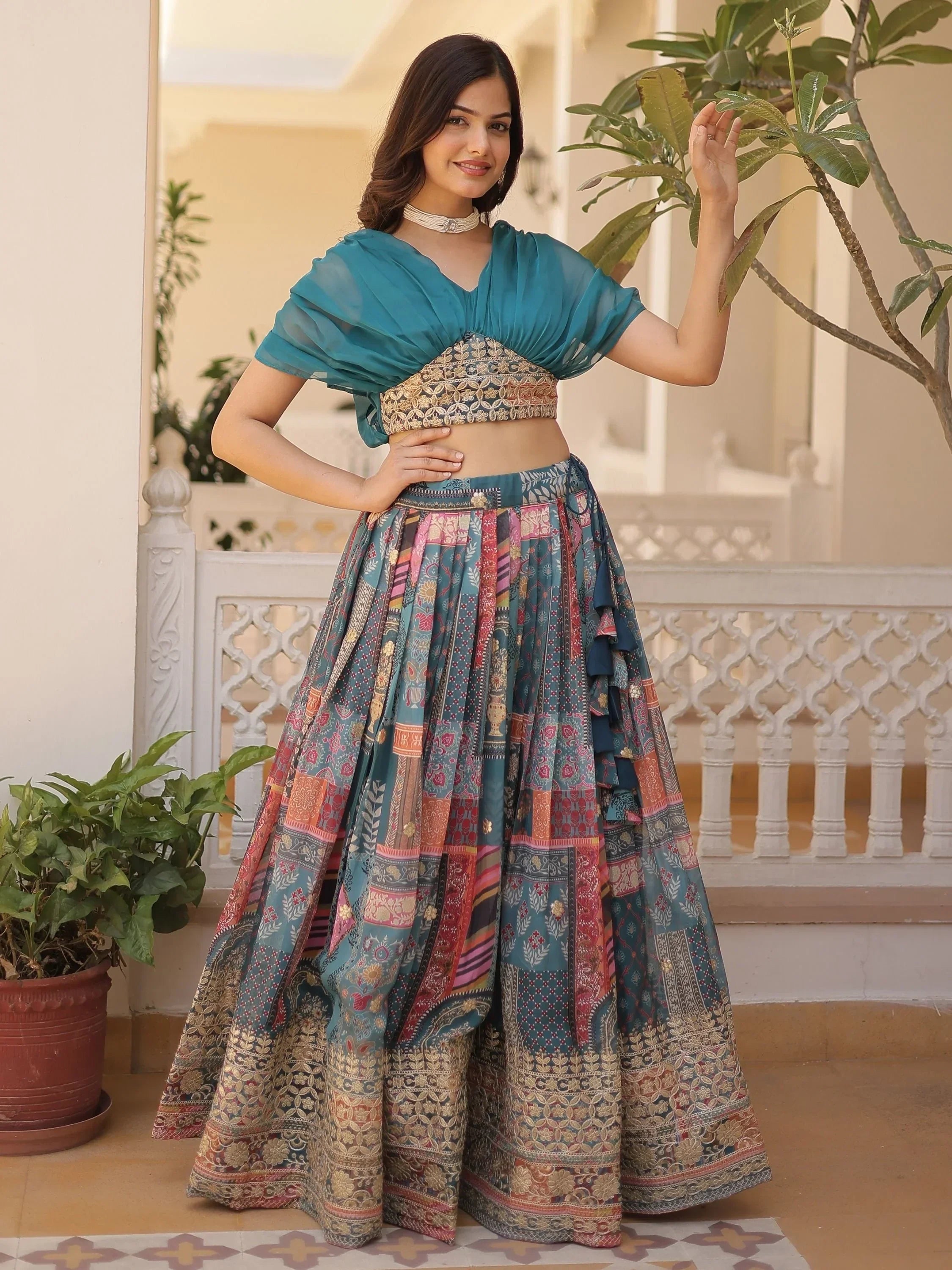 Blue Majestic Dusty Digital Printed Silk Designer Crop Top Lehenga