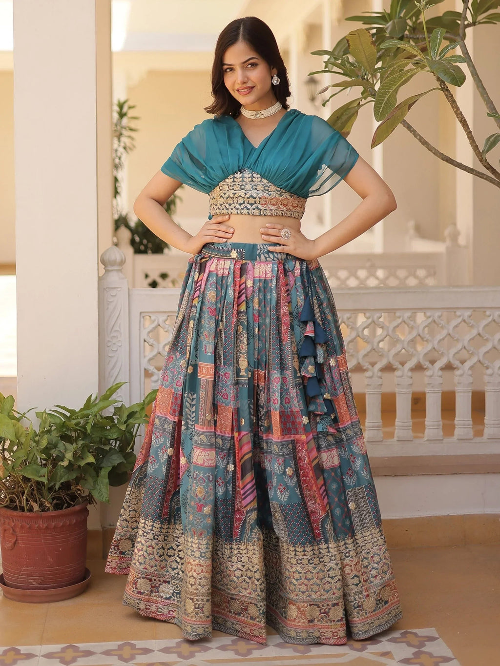 Blue Majestic Dusty Digital Printed Silk Designer Crop Top Lehenga