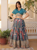 Blue Majestic Dusty Digital Printed Silk Designer Crop Top Lehenga
