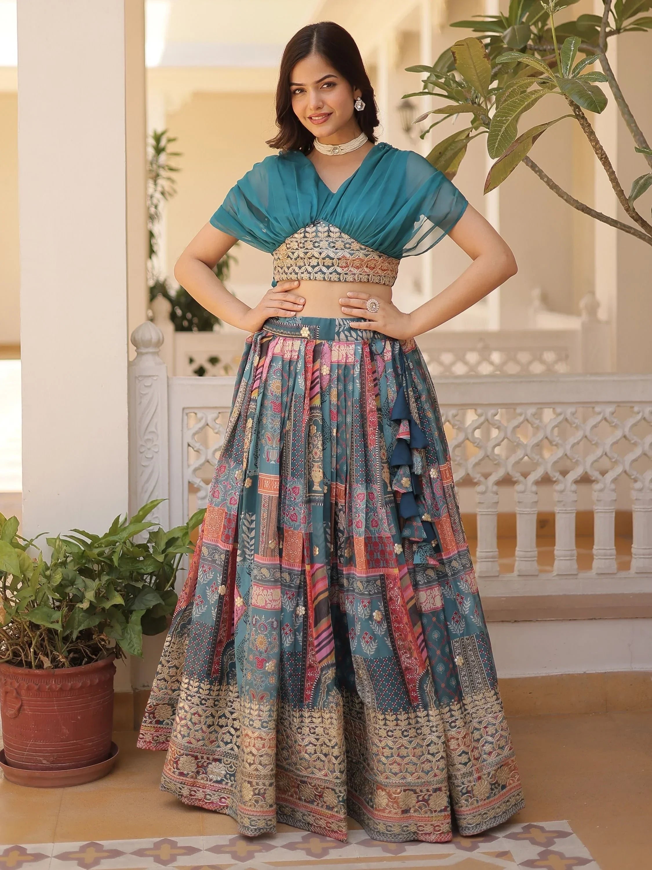 Blue Majestic Dusty Digital Printed Silk Designer Crop Top Lehenga