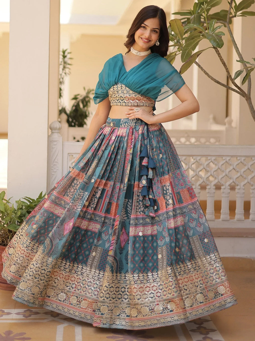 Blue Majestic Dusty Digital Printed Silk Designer Crop Top Lehenga