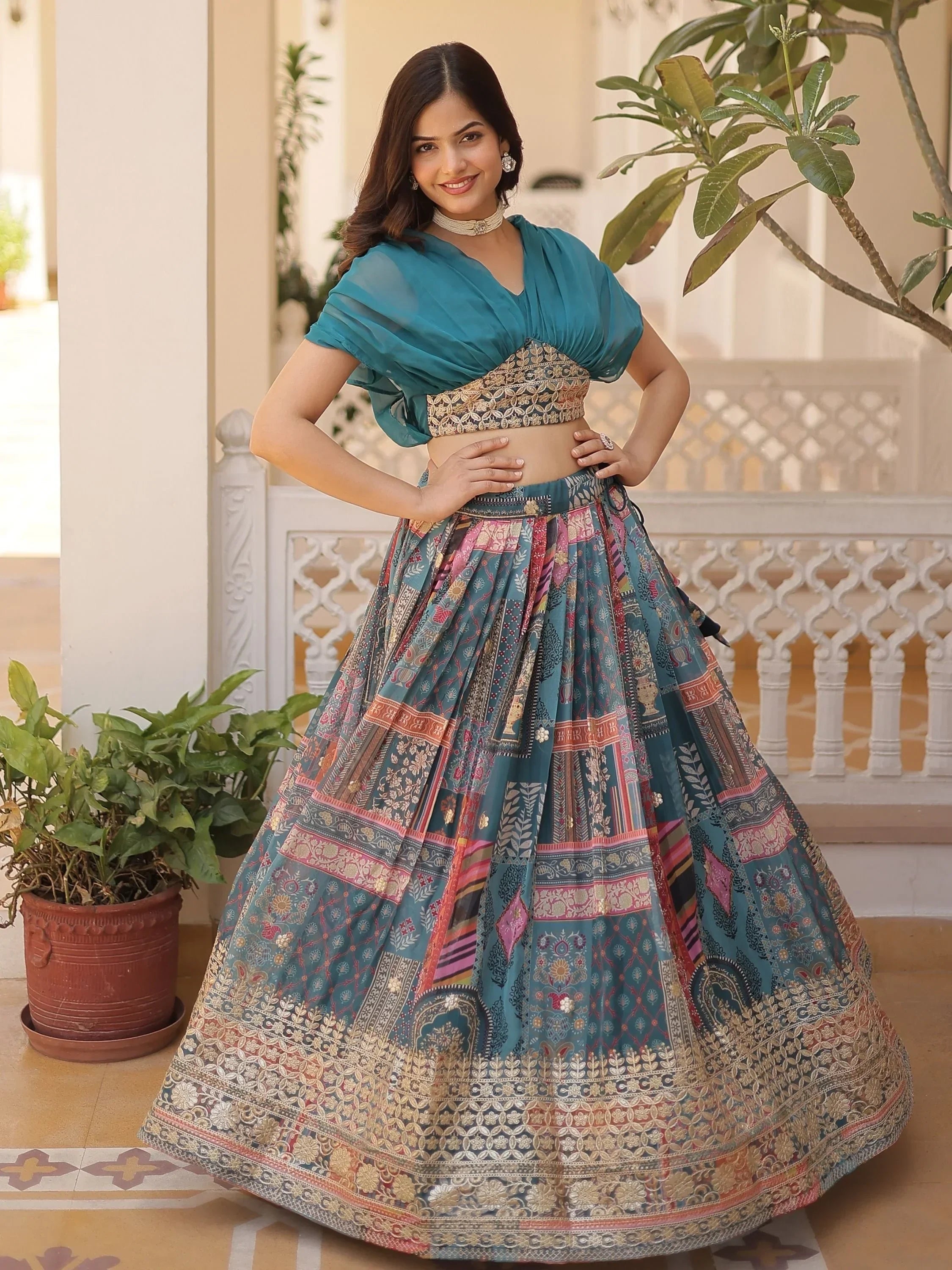 Blue Majestic Dusty Digital Printed Silk Designer Crop Top Lehenga