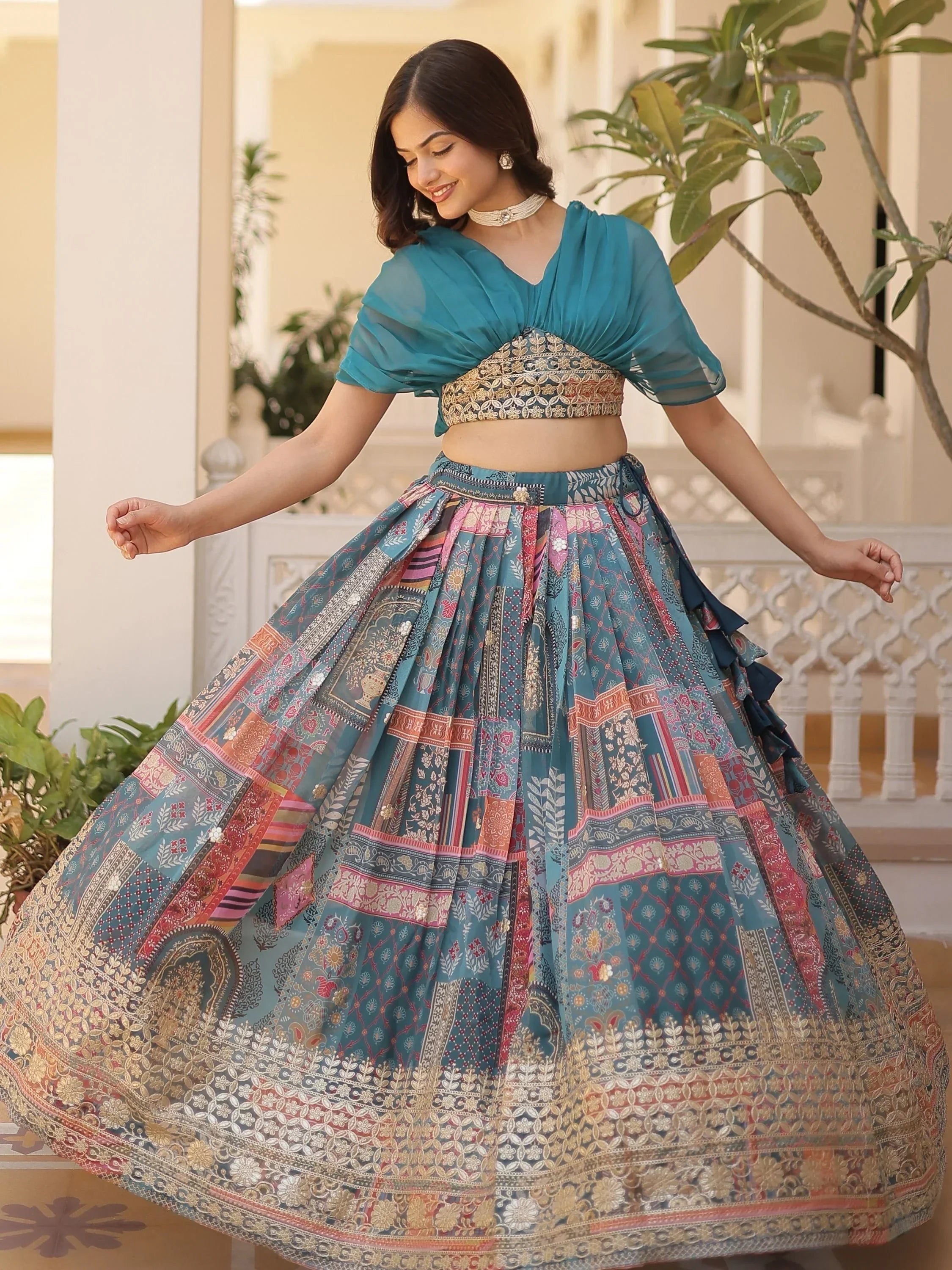 Blue Majestic Dusty Digital Printed Silk Designer Crop Top Lehenga