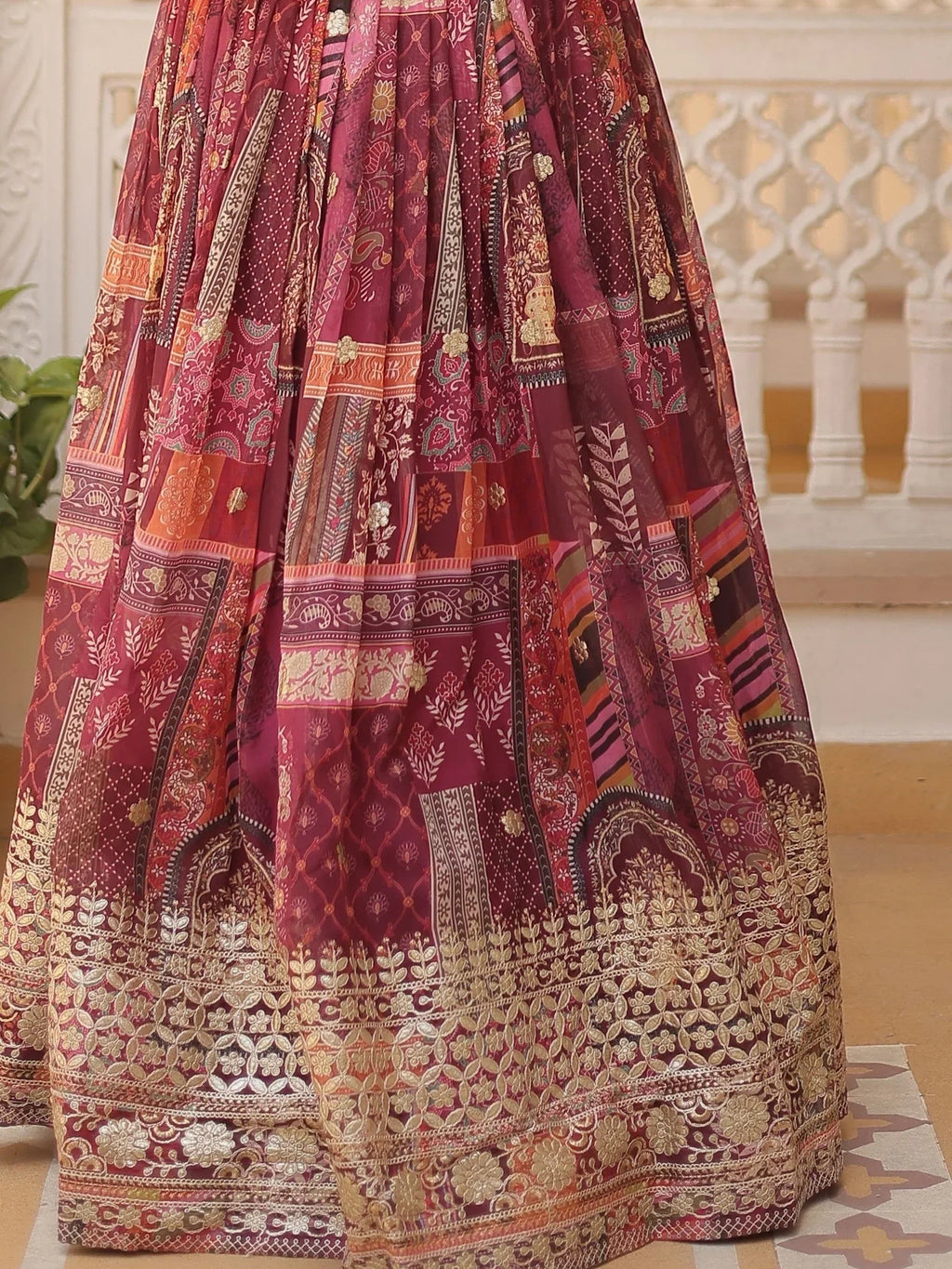 Wine Majestic Dusty Digital Printed Silk Designer Crop Top Lehenga