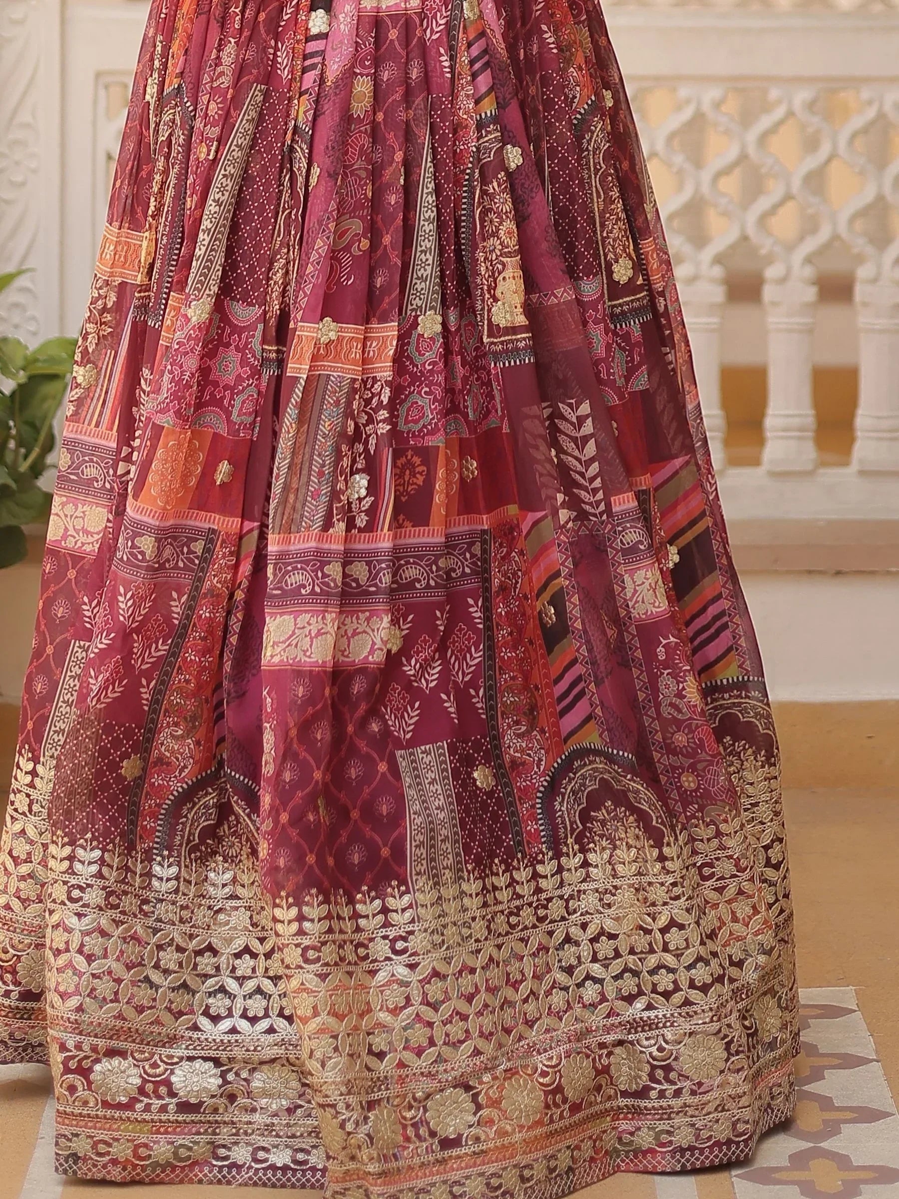 Wine Majestic Dusty Digital Printed Silk Designer Crop Top Lehenga