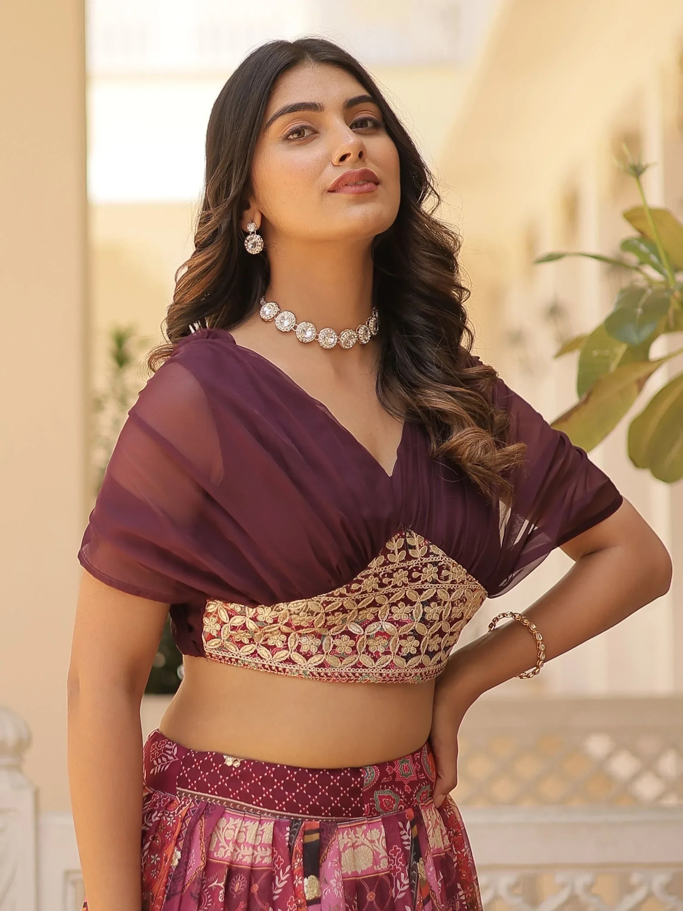 Wine Majestic Dusty Digital Printed Silk Designer Crop Top Lehenga