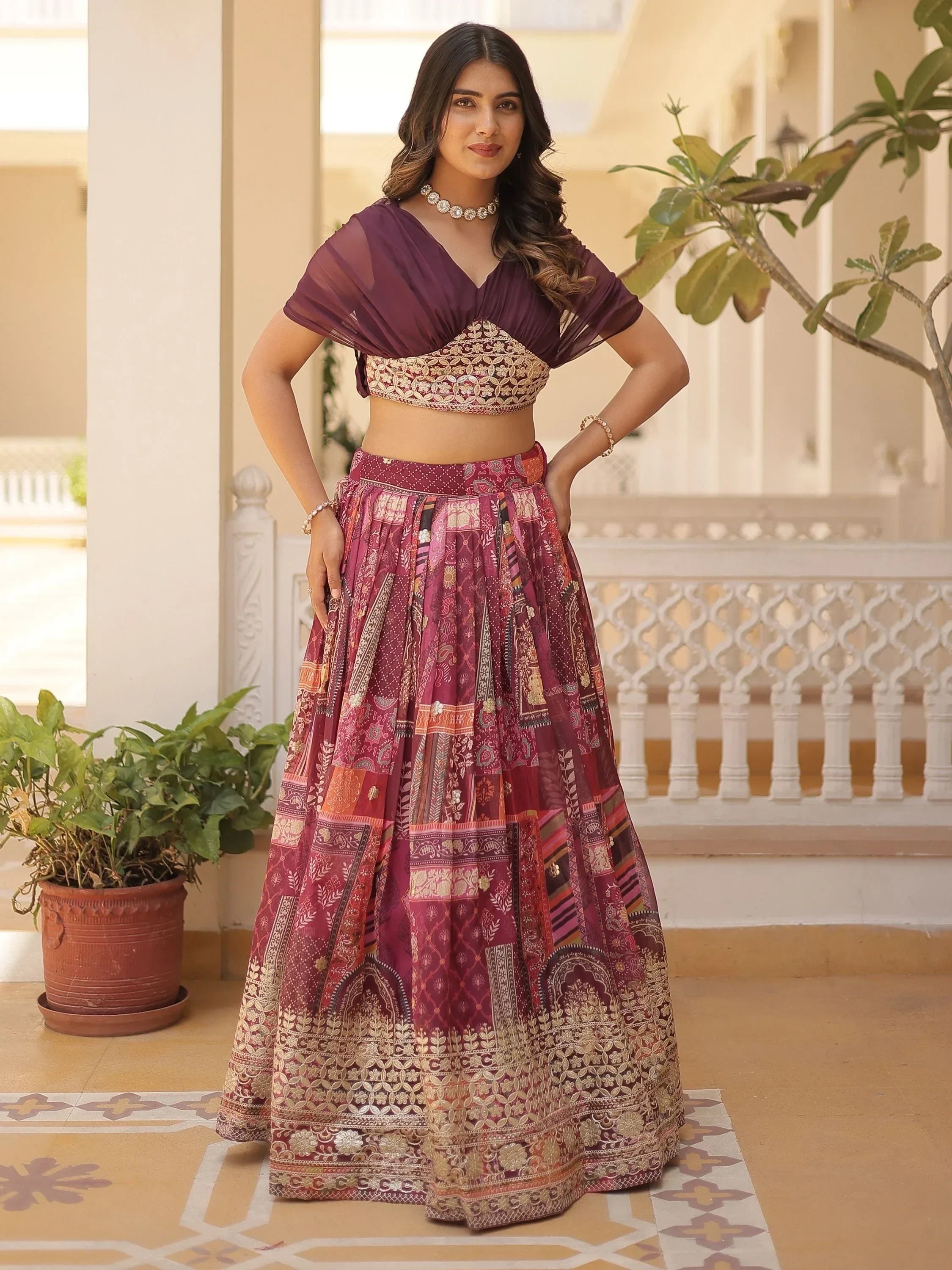 Wine Majestic Dusty Digital Printed Silk Designer Crop Top Lehenga