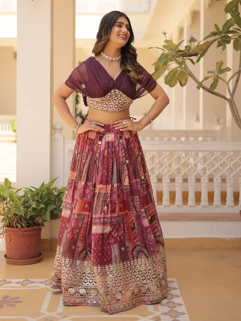 Wine Majestic Dusty Digital Printed Silk Designer Crop Top Lehenga