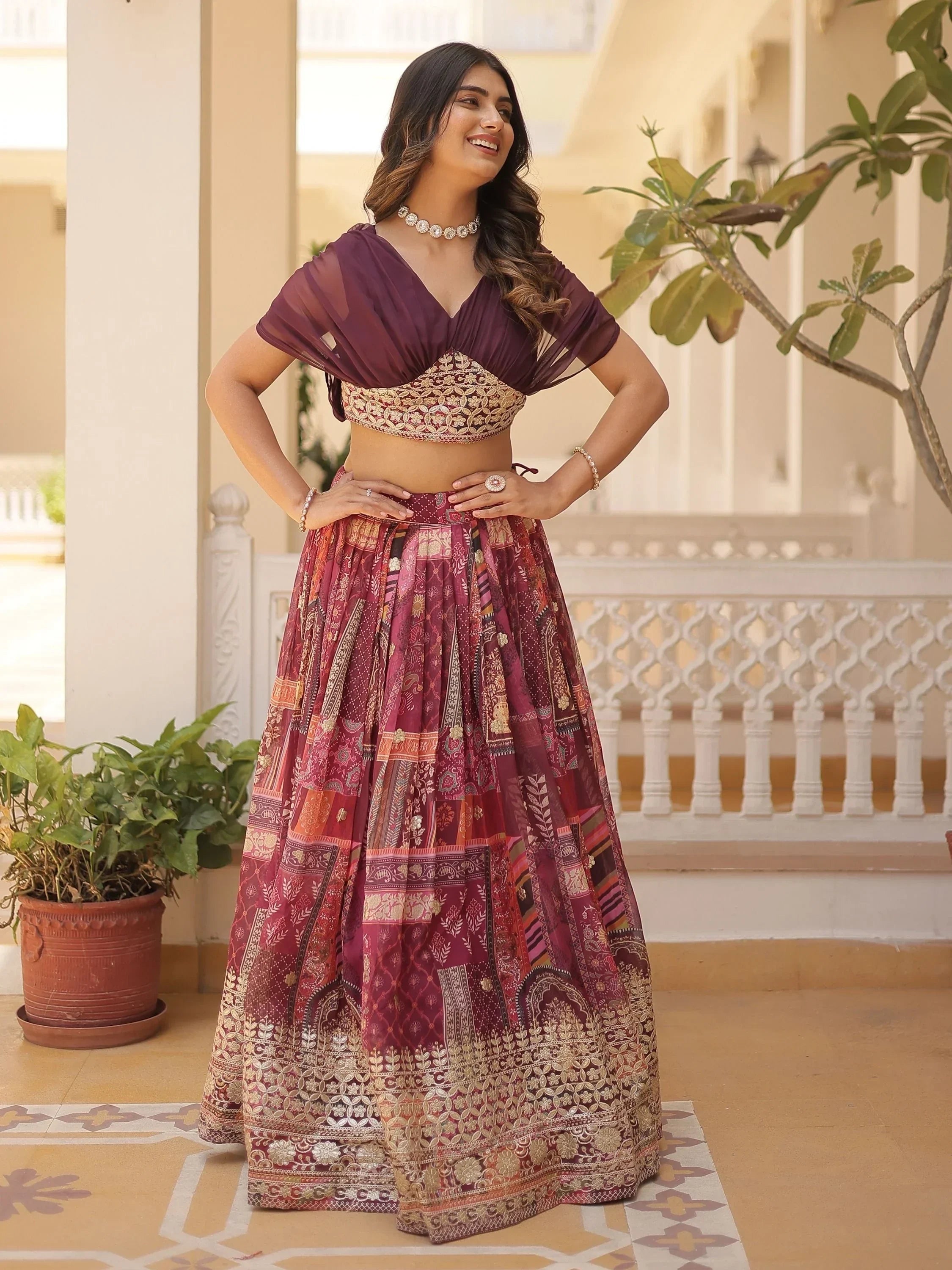 Wine Majestic Dusty Digital Printed Silk Designer Crop Top Lehenga