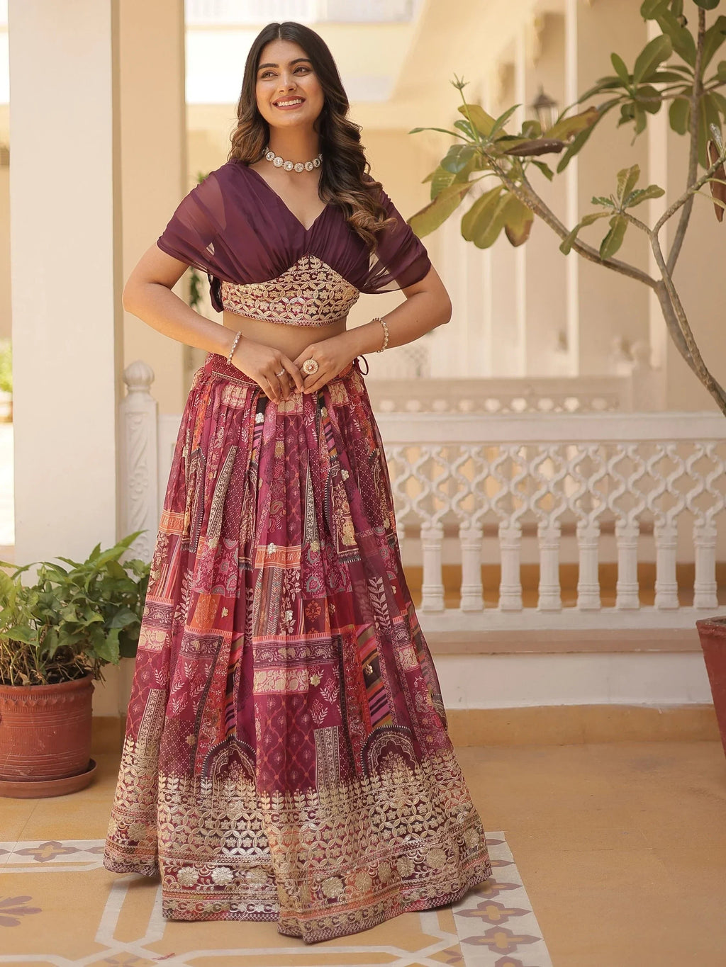 Wine Majestic Dusty Digital Printed Silk Designer Crop Top Lehenga