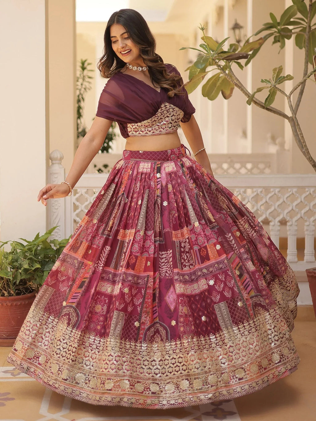 Wine Majestic Dusty Digital Printed Silk Designer Crop Top Lehenga