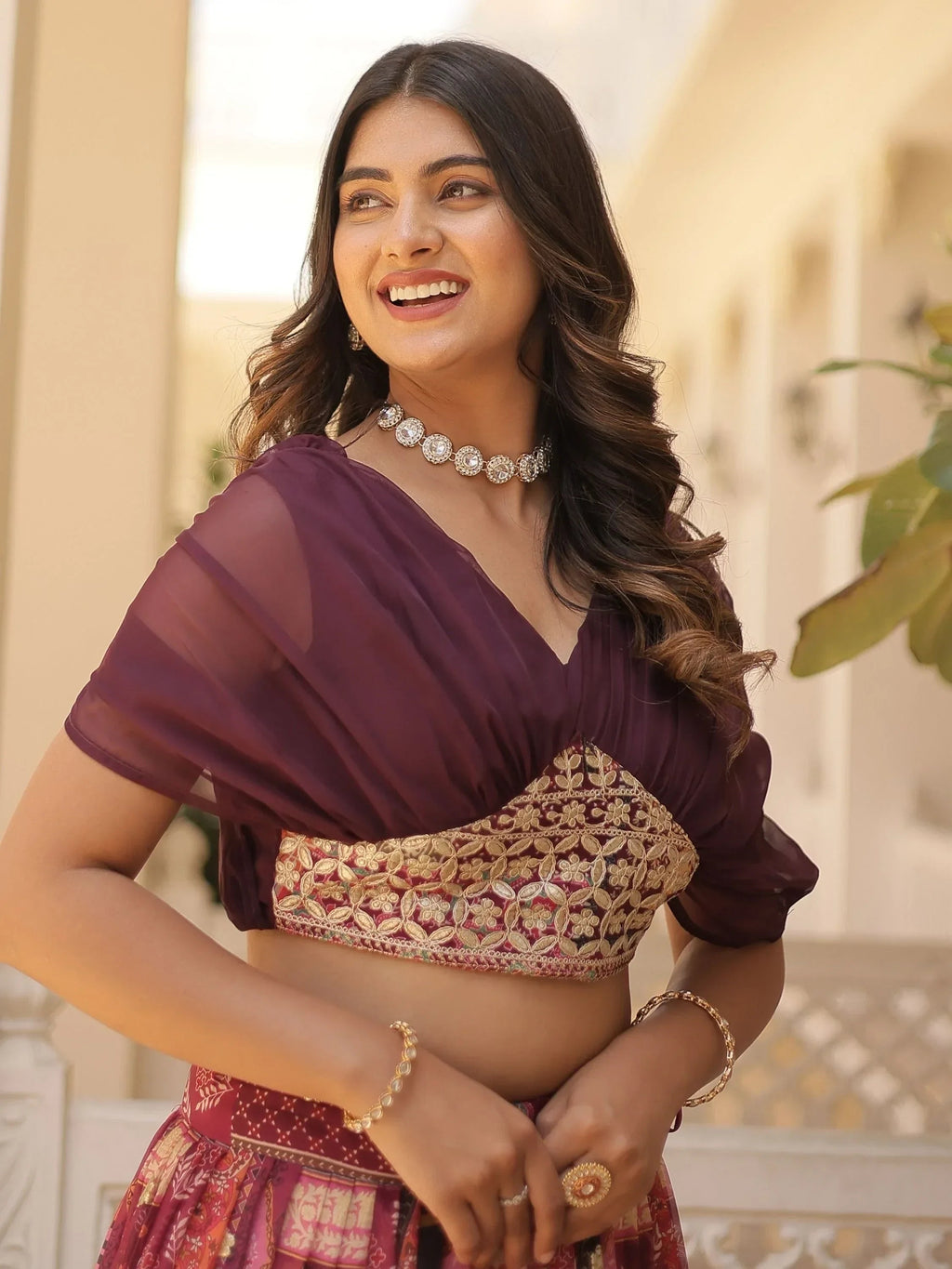 Wine Majestic Dusty Digital Printed Silk Designer Crop Top Lehenga