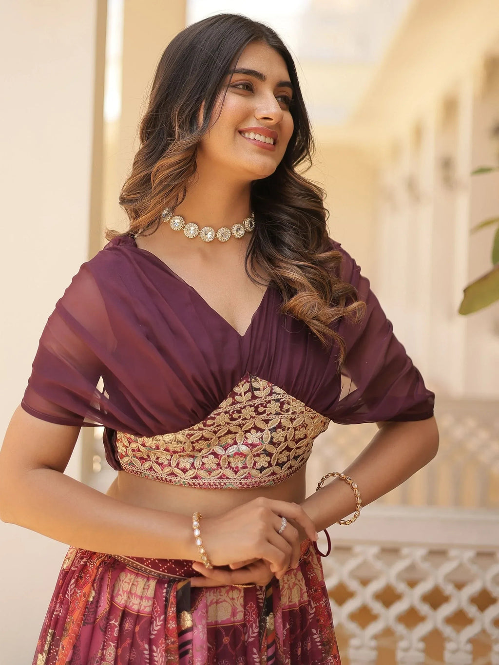 Wine Majestic Dusty Digital Printed Silk Designer Crop Top Lehenga