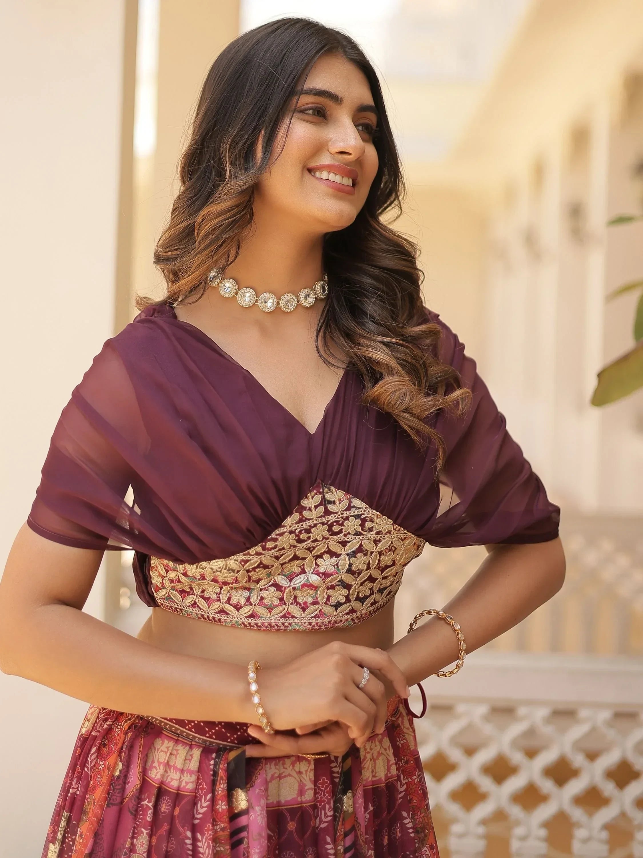 Wine Majestic Dusty Digital Printed Silk Designer Crop Top Lehenga
