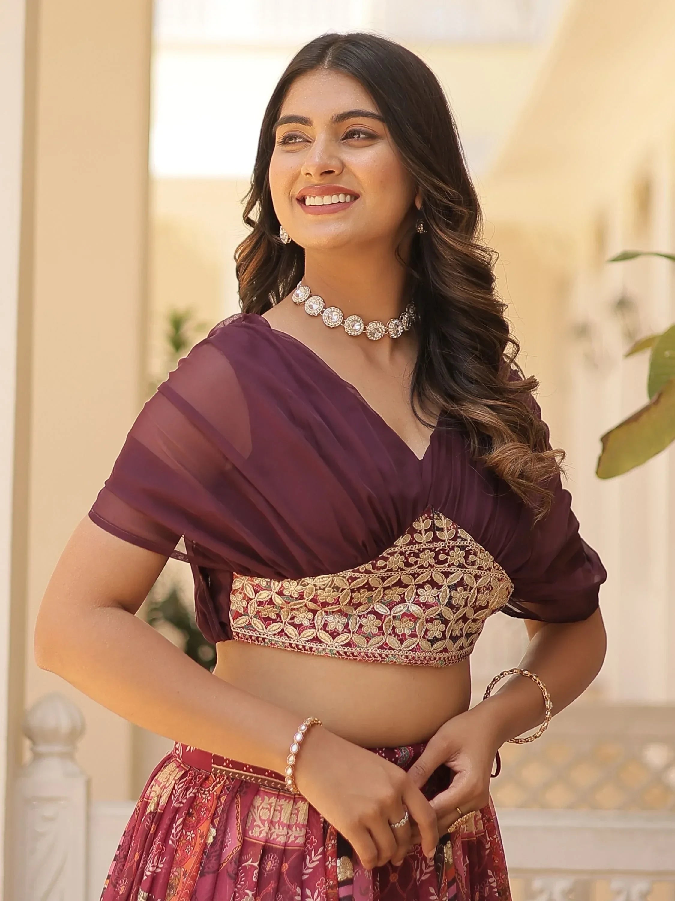 Wine Majestic Dusty Digital Printed Silk Designer Crop Top Lehenga