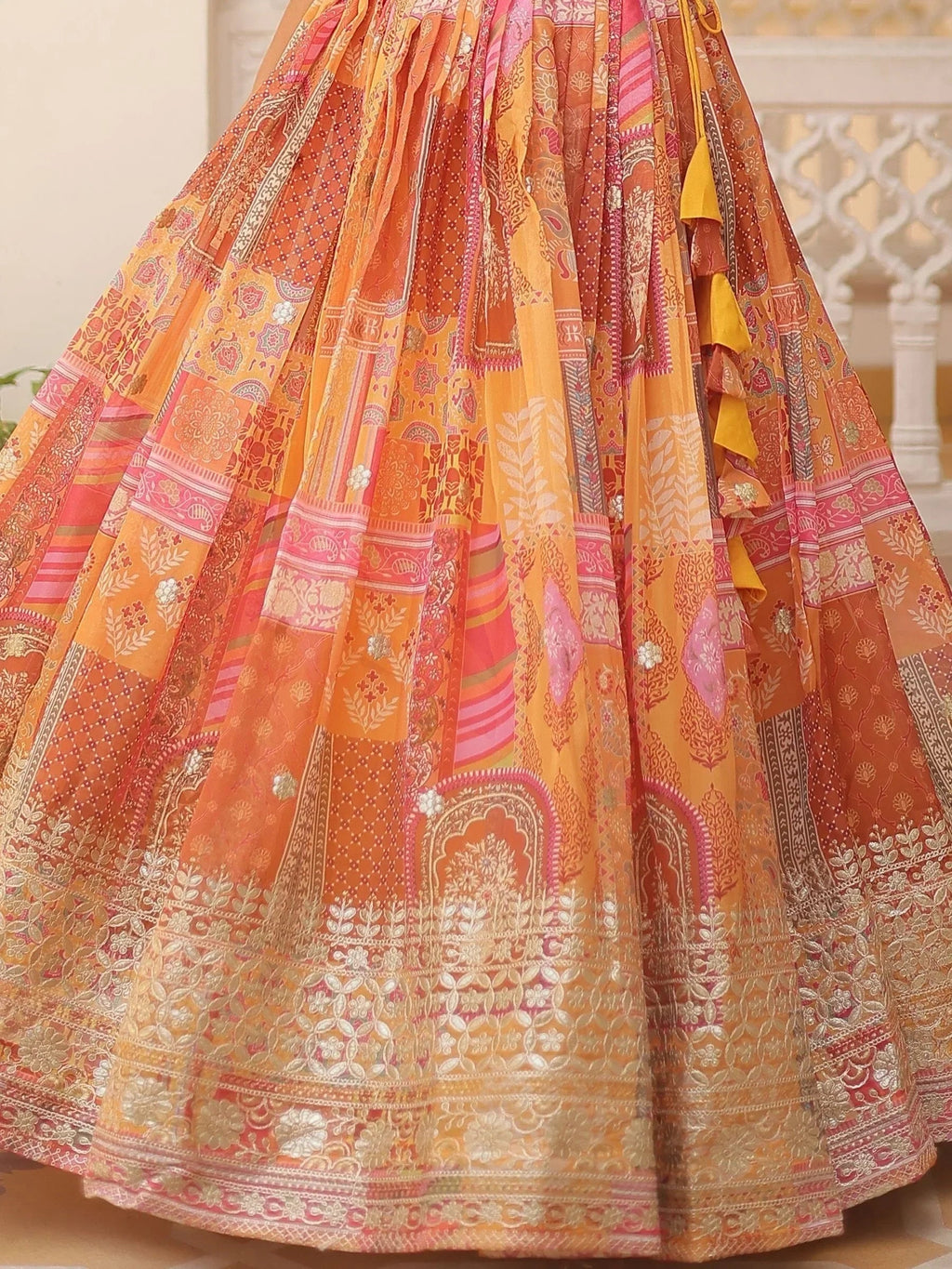 Yellow Majestic Dusty Digital Printed Silk Designer Crop Top Lehenga