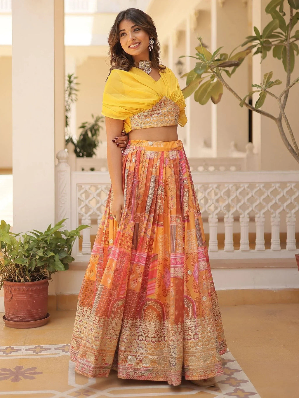 Yellow Majestic Dusty Digital Printed Silk Designer Crop Top Lehenga