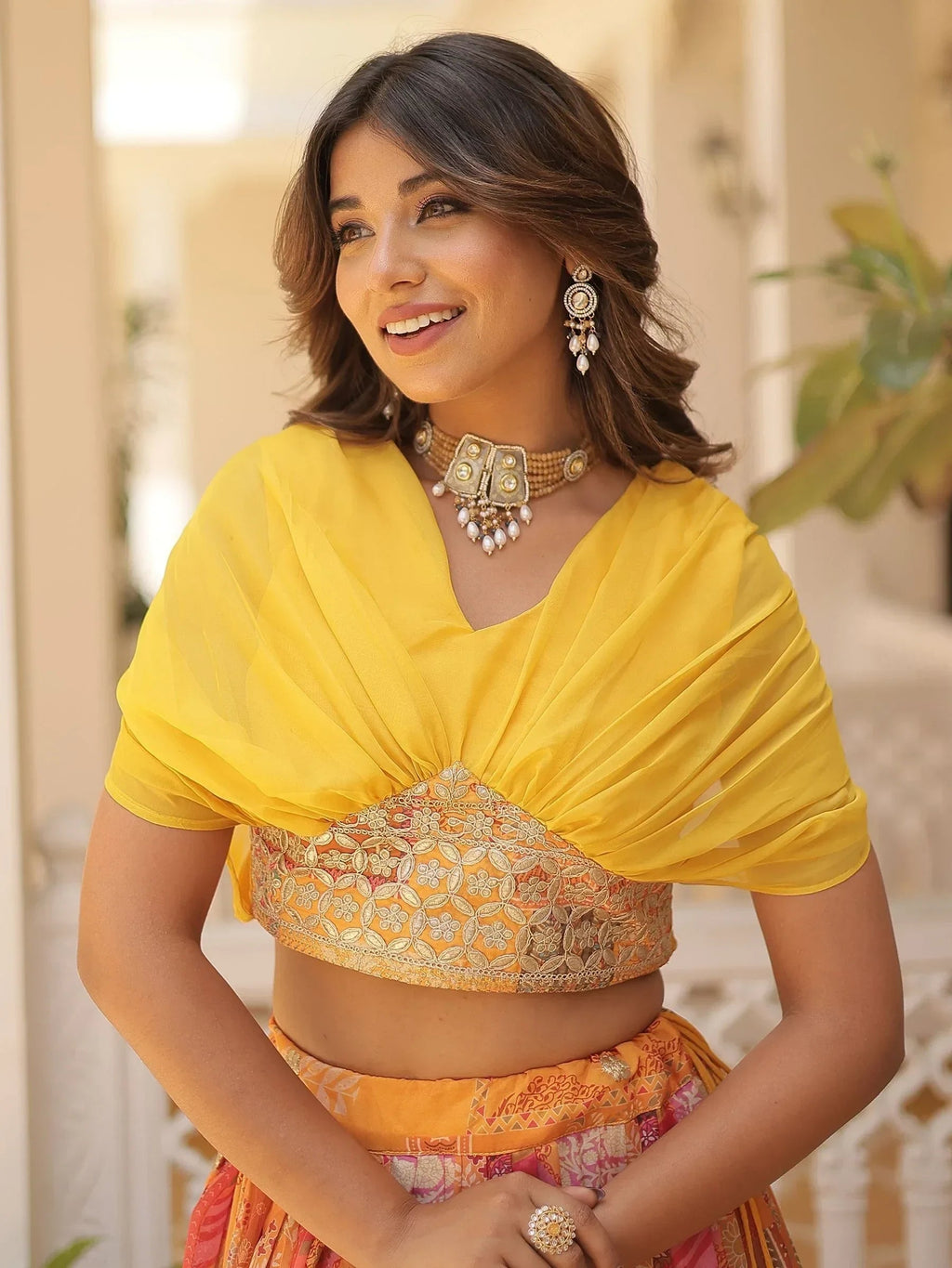 Yellow Majestic Dusty Digital Printed Silk Designer Crop Top Lehenga