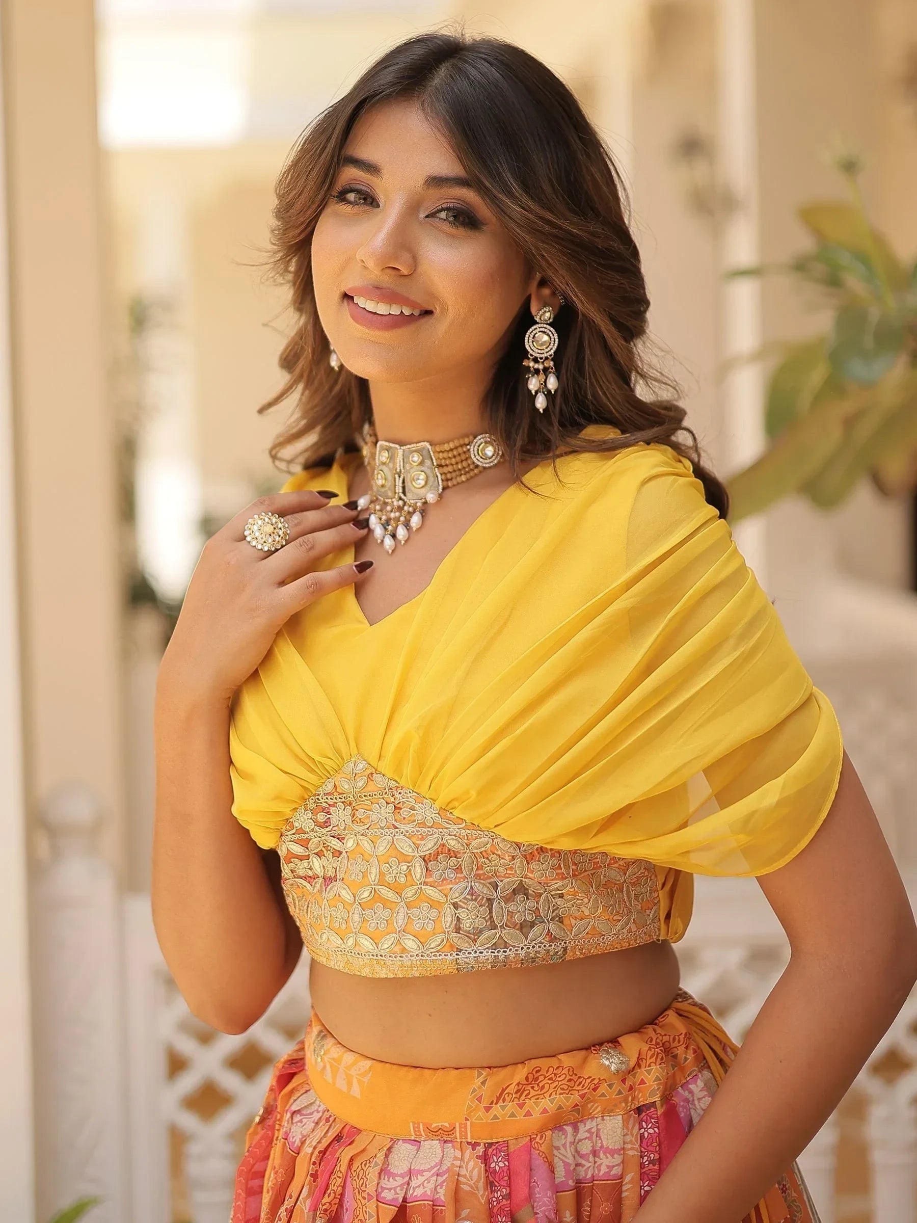 Yellow Majestic Dusty Digital Printed Silk Designer Crop Top Lehenga